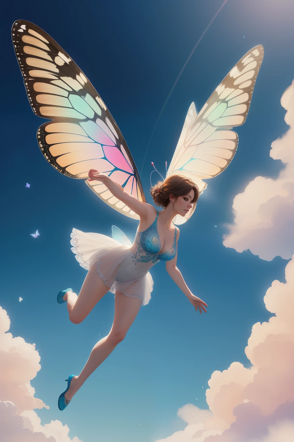 Delicate and ethereal, a butterfly in flight, vibrant wings of iridescent colors, graceful and light, captivating beauty, realistic, photo-realistic, hyper-realistic, high definition, highest resolution, hyper-detailed, intricately textured, in motion, capturing the moment, brushed with soft, natural light, isometric style, vector graphic, minimalist, digital art, artstation, deviantart, dribbble, red bubble, teepublic, seamless, simple yet complex, fluid, detailed drawing, watercolor background, surrealism, dreamlike, 8k.