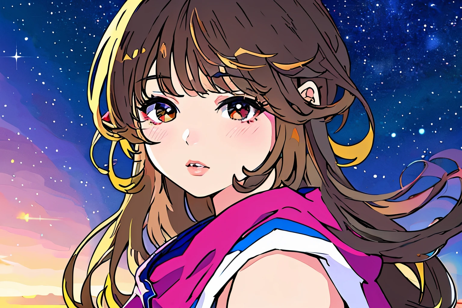masterpiece, highest quality, masterpiece, divine qualities, godlike art, highly detailed face, whole body, very realistic, cute, young girl, Big eyes, long eyelashes, thin face、colorful hair, multicolored eyes, shiny skin, lip whole, big lips, shiny skin, blush, Nice views, in space, starry sky background, performer, dazzling light, colorful light, Wearing muzugi、A gaze that seems to be glaring at me with anger、the whites of the eyes are white、(brown hair,colorful hair,half yellow、半分はbrown hair:1.2)、bangs are yellow、long hair、Big eyes