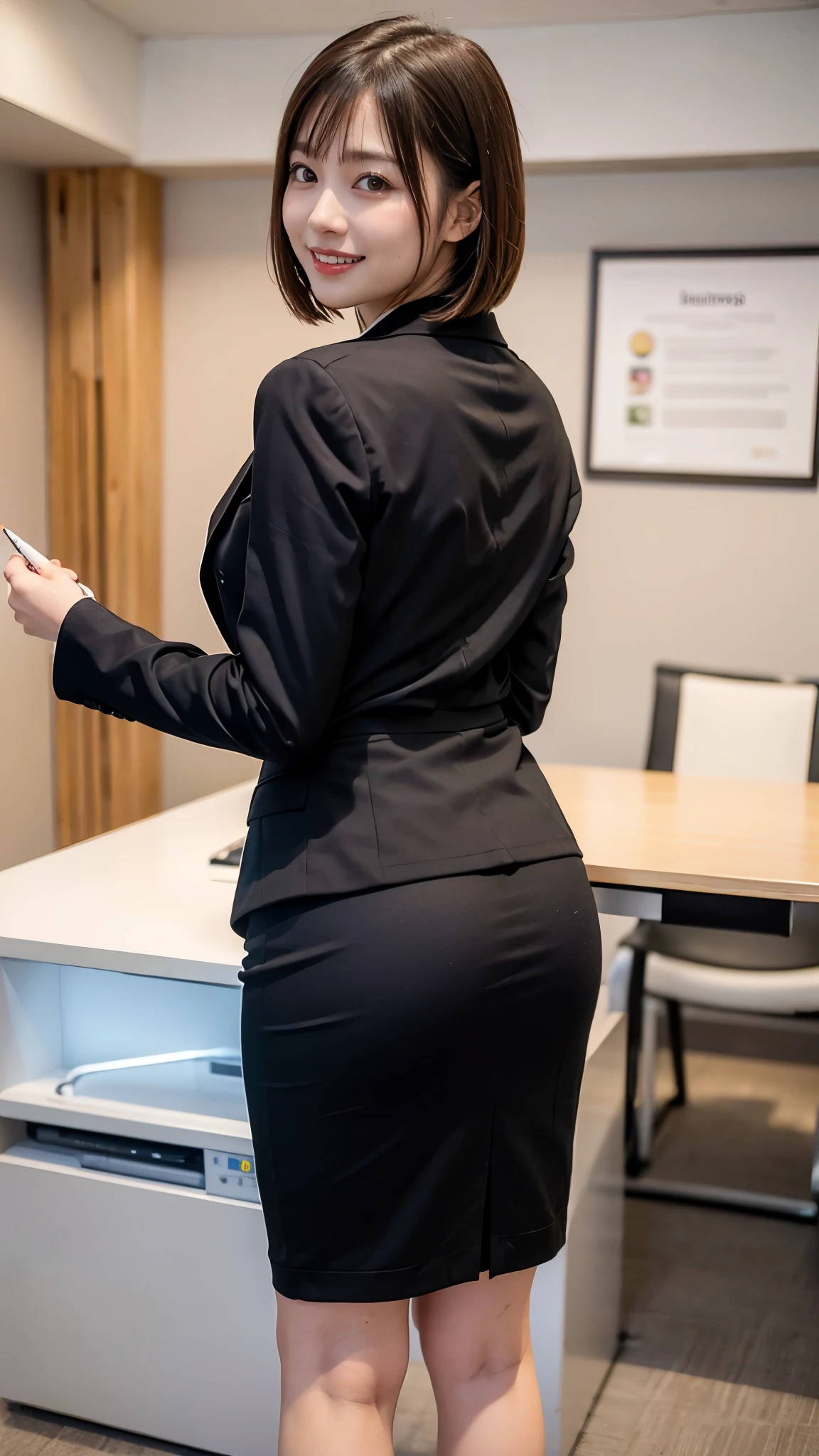 ((office room))、laughter、Beautiful Japan woman at 19 years old:1.5,(realistic、Photoreal:1.37)、(masterpiece)、(highest quality:1.4)、(超A high resolution:1.2)、(Raw photo:1.2)、(sharp focus:1.3)、(Sexy random pose with butt sticking out:1.2)、elegant、(Full body Esbian:1.2)、(One slender girl wearing a detailed pencil skirt and black suit jacket and white shirt:1.3)、(OL)、professional attire、high heels、(24-years-old:1.1)、(smile:1.3)、(make your hair shine:1.3)、 brown haired、bob cut、 short pencil skirt,Fancy makeup with red eyeshadow,
(Medium milk:1.2)、(bright daytime interior:1.2), Take a picture of the back、beautiful and delicate eyes、 see the beholder,、(cute)、emphasize the buttocks