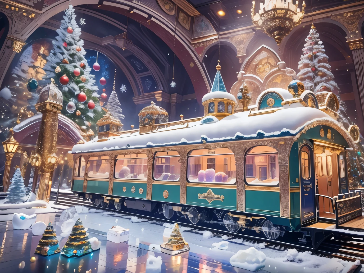 (La best quality,high resolution,super detailed,actual)，Train station made of jelly，snow，in the room，Christmas decoration，surrounded by christmas gifts，（（A masterpiece full of fantasy elements）））， （（best quality））， （（intricate details））（8k）