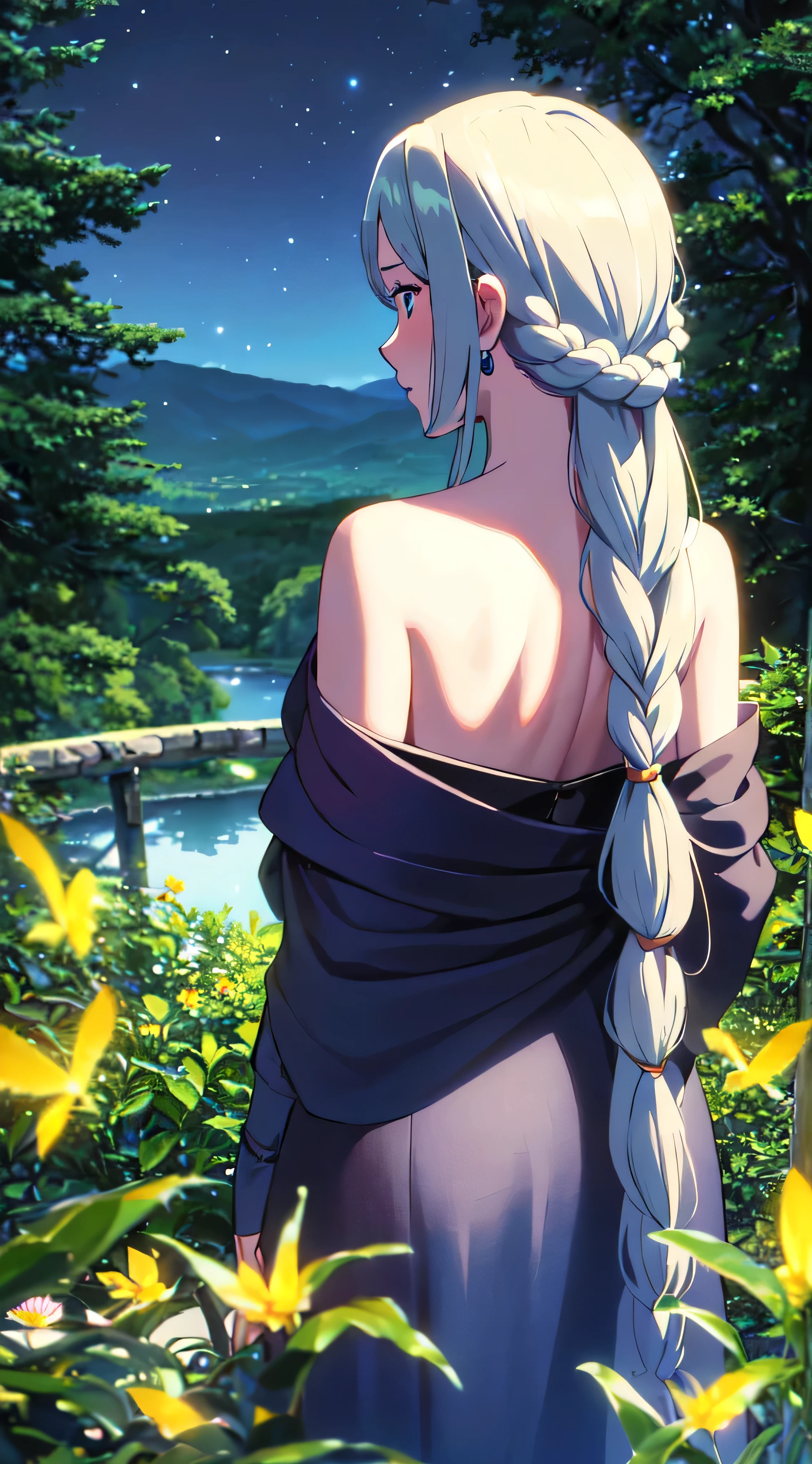 masterpiece, best quality, 1lady, solo, very long white hair, blowing hair, (flower hair ornament), (braided hair), earrings, behind view, back view, close up, night, fireflies, tree, mountain, dark, scenery, forest, fantasy, off shoulder blue dress