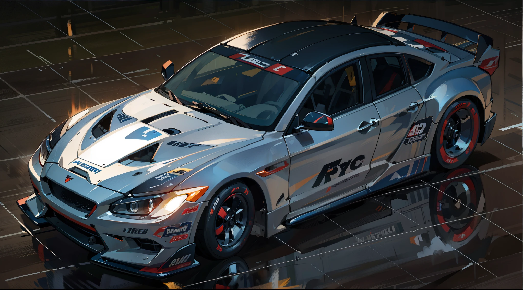 extreme aerodynamic design, roaring engine sound, sleek lines, aggressive stance, professional racing car, dynamic motion, speed and power, intense race atmosphere, iconic logo, thrilling competition, adrenaline rush, high-performance machine, precision engineering, fine craftsmanship.