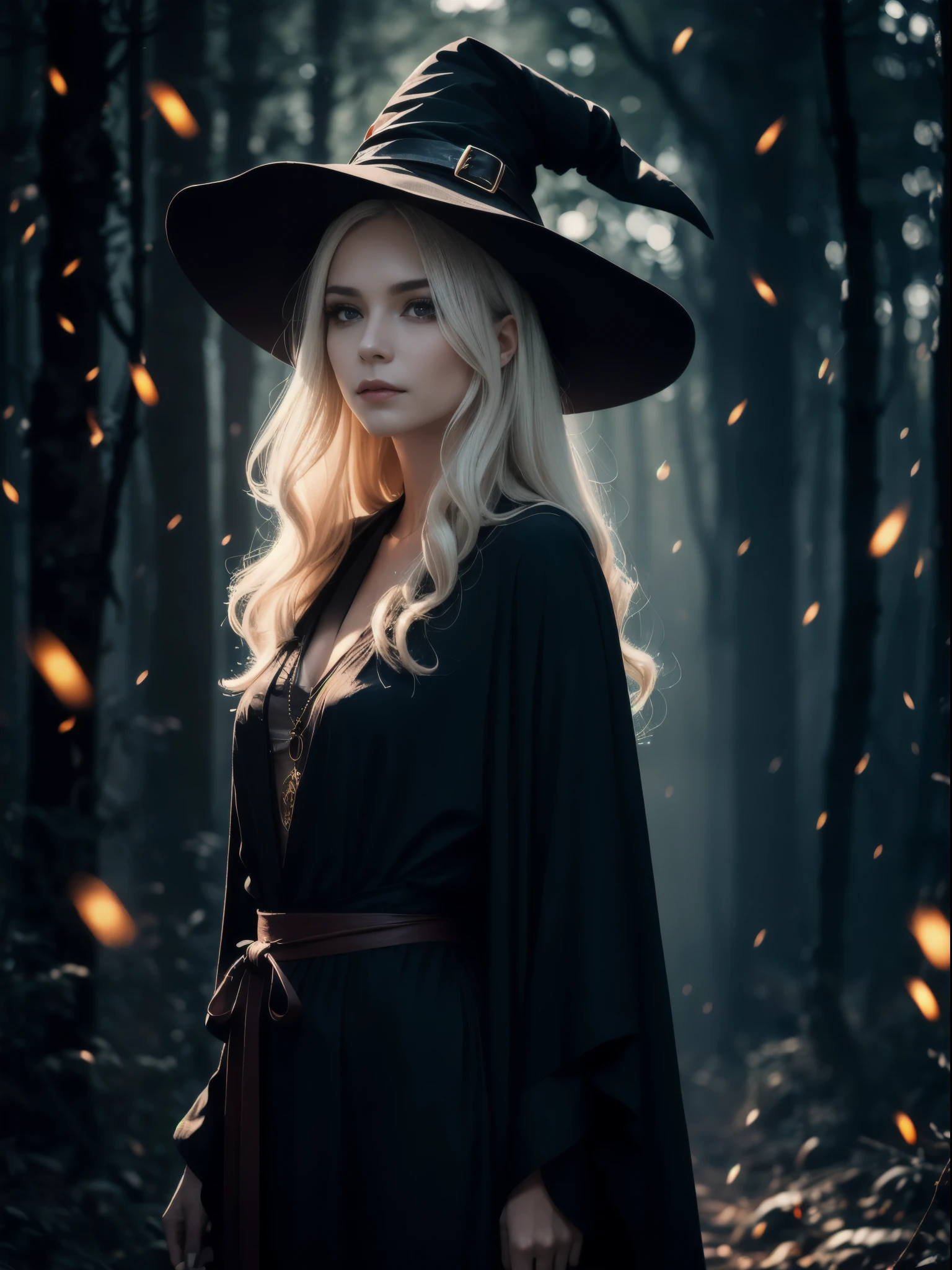 RAW photo, one person, skin invisible, full body photo of 60 year old woman, witch, Sensual beautiful woman with round cheeks, realistic facial expression, light red eyes, pale skin, wavy white hair, long hair, witch hat, white skin, slender body, wearing full body black robe with rich decoration, confident expression, (fireflies, glowing particles, ethereal fog, faint darkness), high saturation, film light, rim light, best shadows, pointing here, background is urban ruins, (very detailed skin: 1.2), 8k UHD, DSLR, soft lighting, high quality, film particles, fujifilm XT3