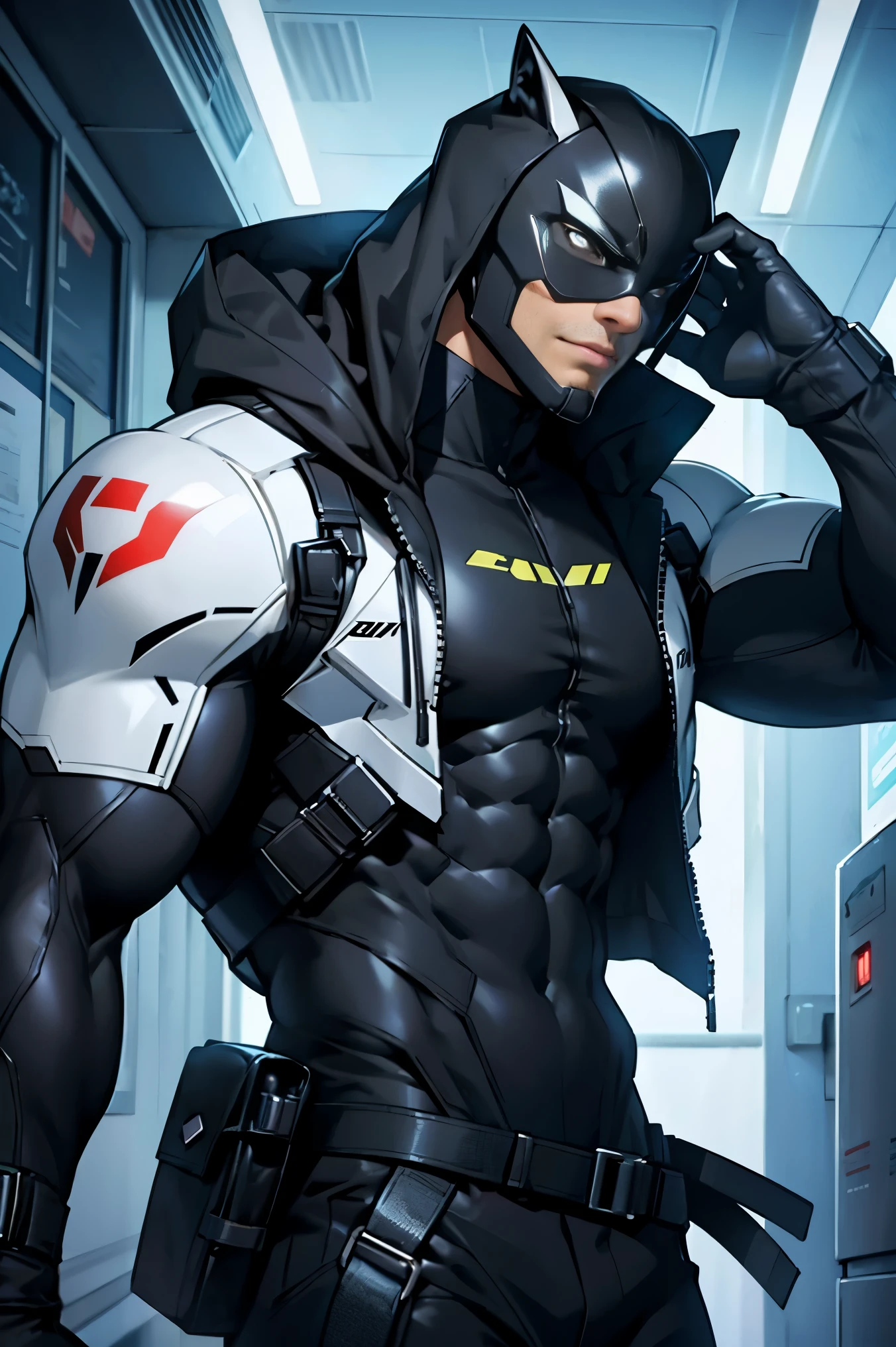 muscular man, black hair man, black mask man, man in tight futuristic suit, masculine and sensual, attractive