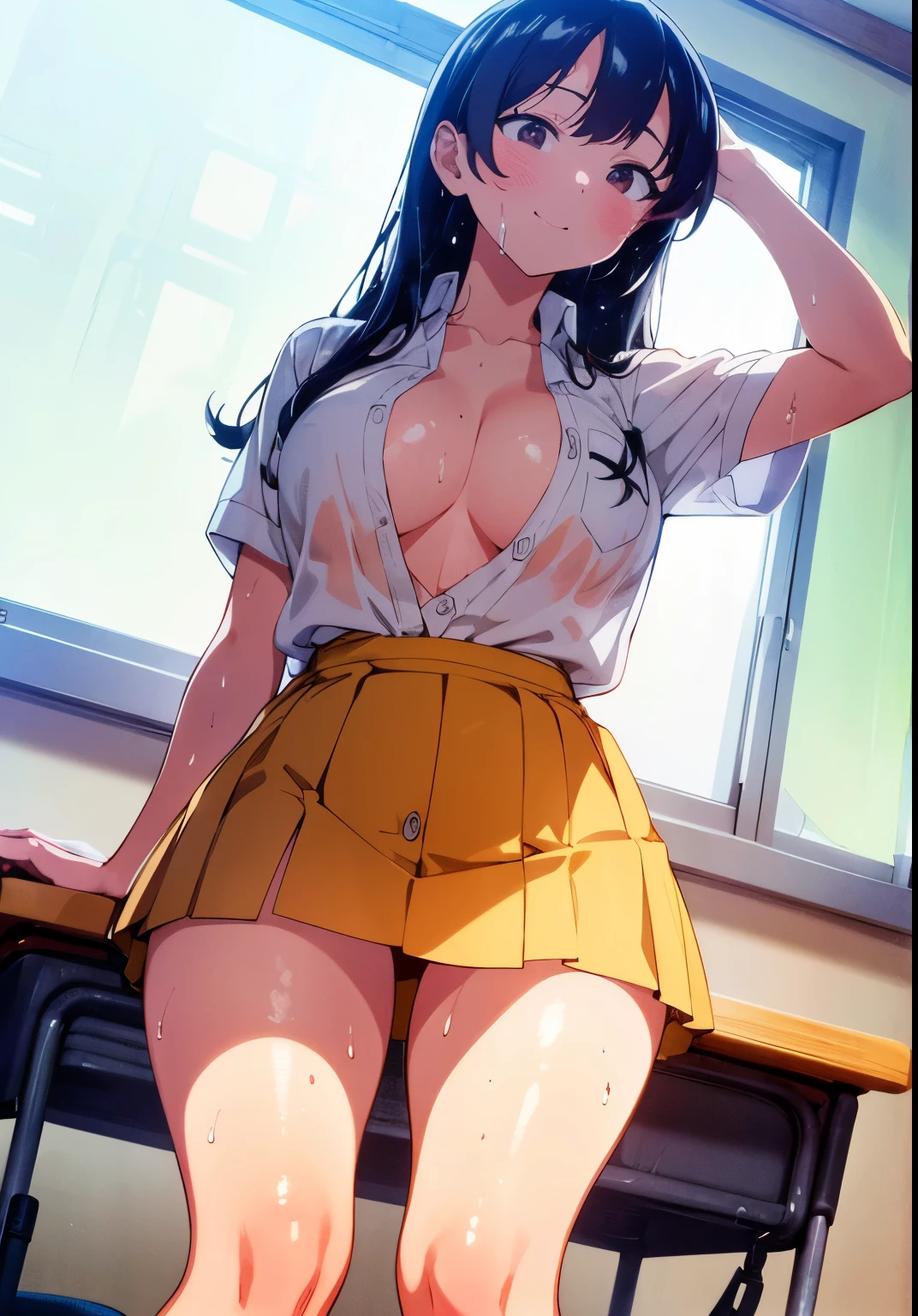 (masterpiece), (best quality), (ultra-detailed), (extremely detailed cg), (a extremely delicate), (perfect lighting), (8k), (dynamic angle), (sharp image), vibrant colors, female, masterpiece, best quality, depth of field, cinematic lighting, masterpiece, best quality, ultra-detailed, colorful, vibrant, large breasts, thighs, mature female, solo, (masterpiece, best quality, high resolution, animescreencap, anime colored,), (perfect anatomy, beautiful detailed eyes, beautiful detailed body, beautiful breast, shiny skin), 1girl, black hair, side bangs,long hair , large breasts, smiling, brown eyes, anime eyes, armpits, looking at viewer, arms above head, (( school uniform)), ((wet skin)),((standing)), ((indoors)), ((classroom)), ((school chair)), ((blackboard)), (( super sweaty body)), ((super wet skin)), ((looking from down below))), ((windows)), ((cum on face)), ((loose button shirt)) 
