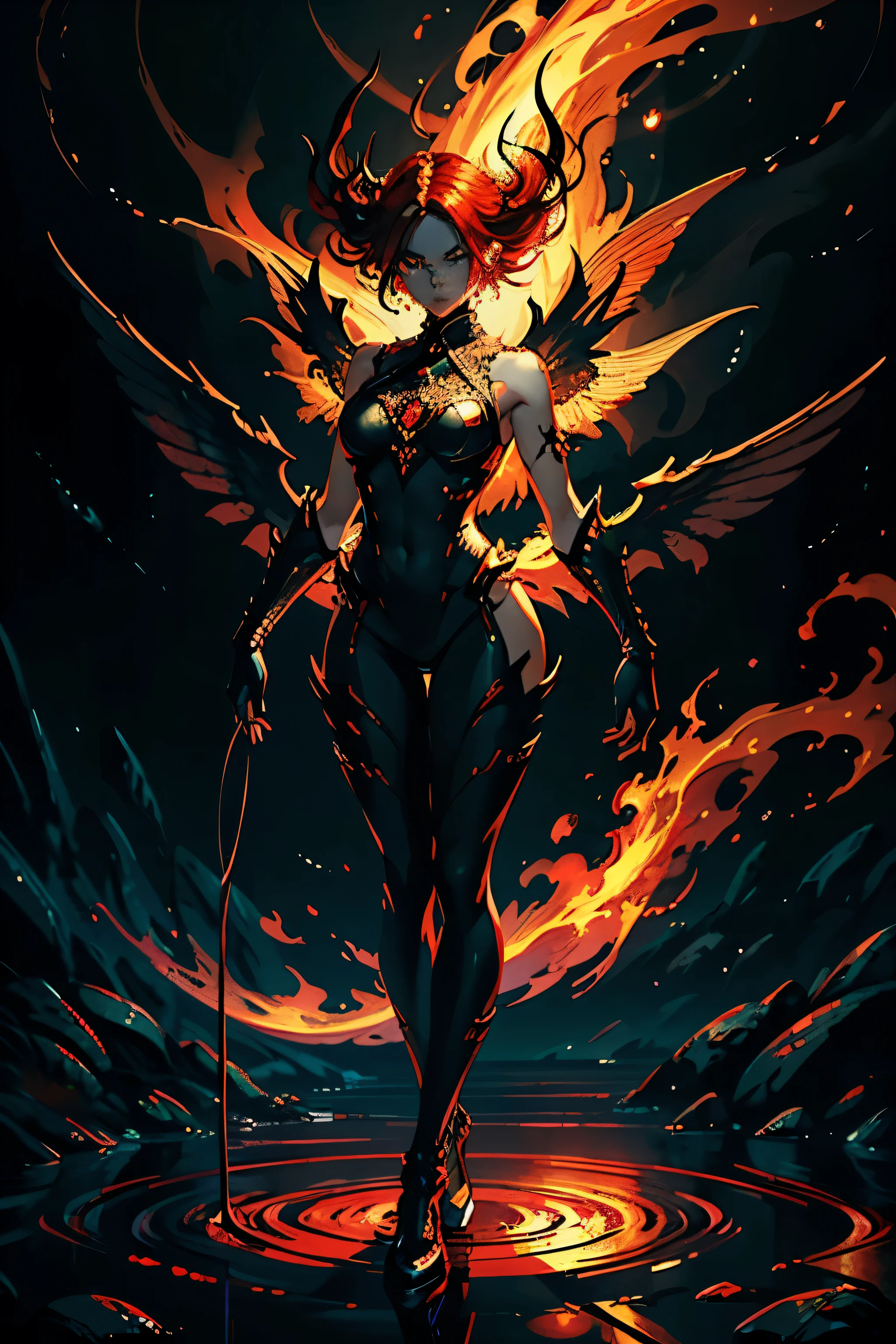 surreal photography of a stunningly beautiful fiery demon princess, with a perfect face, highest quality face, perfect body, highest quality body, standing in a flaming reflective puddle, a puddle of flaming reflective mercury, with the gates of hell in the background, ominous atmosphere, she loves that the scene is so frightening, she has focused her electric orange eyes on the viewer, intricate filigree, and glowing red, in the style of Beth Cavener, Jin Kagetsu, and wlop, intricately detailed, chrome face symmetry, masterpiece, award-winning, sharp focus, concept art, high key, ambient lighting, 8k, octane render, surreal-realistic, hyper-realistic, 32k ultra-high-definition, full-length portrait photo, full body shot photo