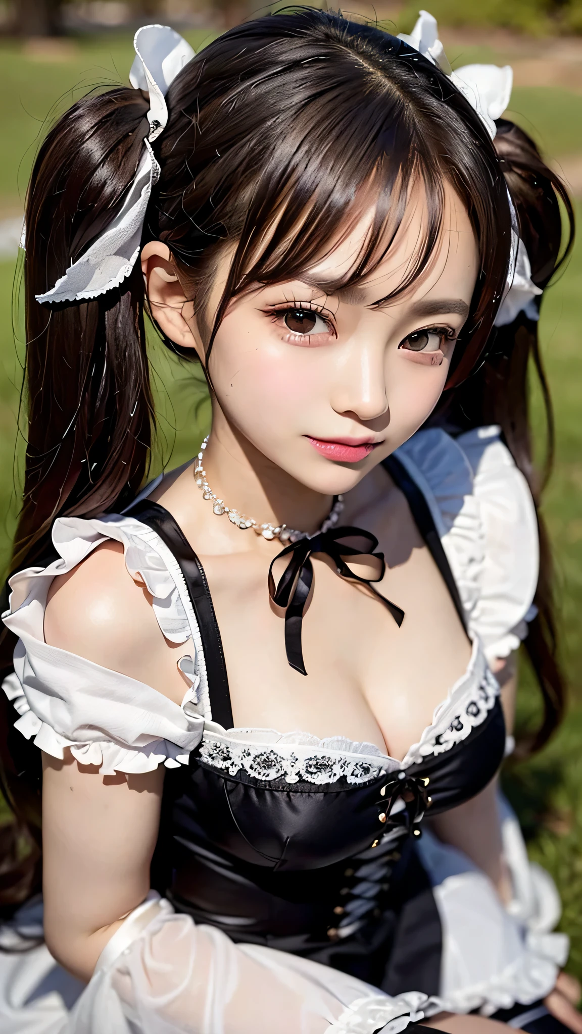 (Close-up:1.4)、(RAW shooting:1.2)、(photorealistic:1.4)、(masterpiece:1.3)、(highest quality:1.4)、one girl、(slender and beautiful girl)、cute、(Medium chest:1.2)、(cleavage)、(erect nipples:1.2)、(full body shot)、From above、8K、(muste piece:1.2)、(ribbon、knee high socks:1.3)、view audience、blush、looking up、ribbon bondage、(beautiful hands)、(beautiful thighs)、(twin tails:1.2)、(gothic ta:1.3)、cute type、