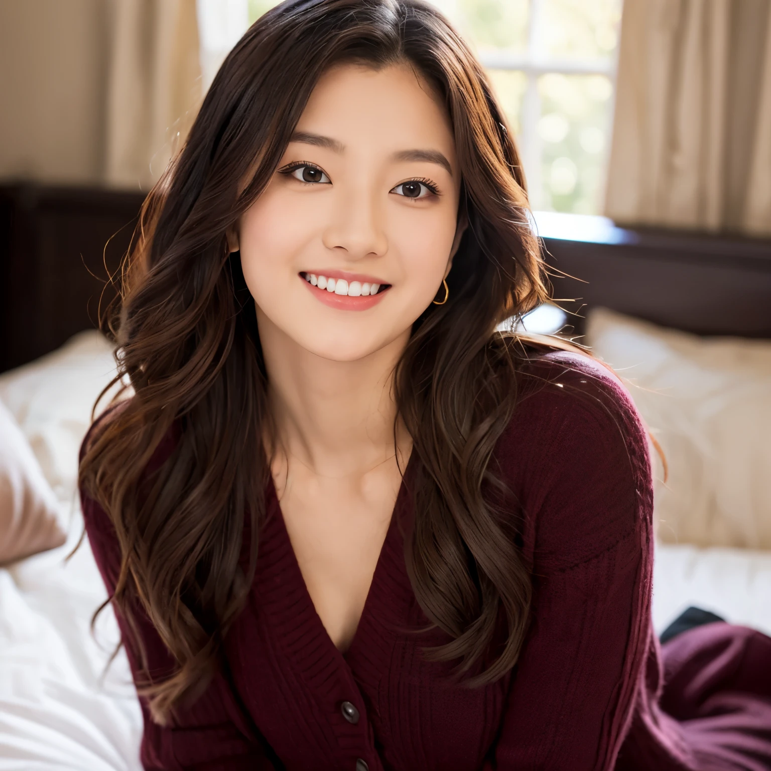 Beautiful Girl College Student,masterpiece、bigおっぱい、naked、big 、on the bed、light makeup,red lips,black hair,messy long hair,beautiful,grace。super fine details,curly hair、work,authentic texture,完美的work,8k,hd,exquisite features,big and bright eyes,smile、1 person、young