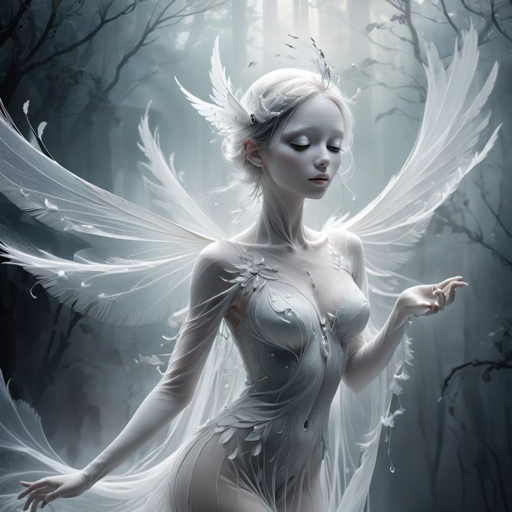 High Resolution, High Quality, Masterpiece. White fairy bird perched in a suspended moment, delicate feathers with skin texture akin to gossamer wisps, eye sharply in focus beneath feathered eyelashes, embodied abstraction hinted by a shroud of fog and transparent veil, white upon white color scheme where shadows dance in subtle interplay, digital art infused with a Broken Glass effect casting illusions across a non-existent background, mythical energy radiates from iridescent and luminescent scales, crafting a vision of ethereal perfection and divine octane rendering. 

