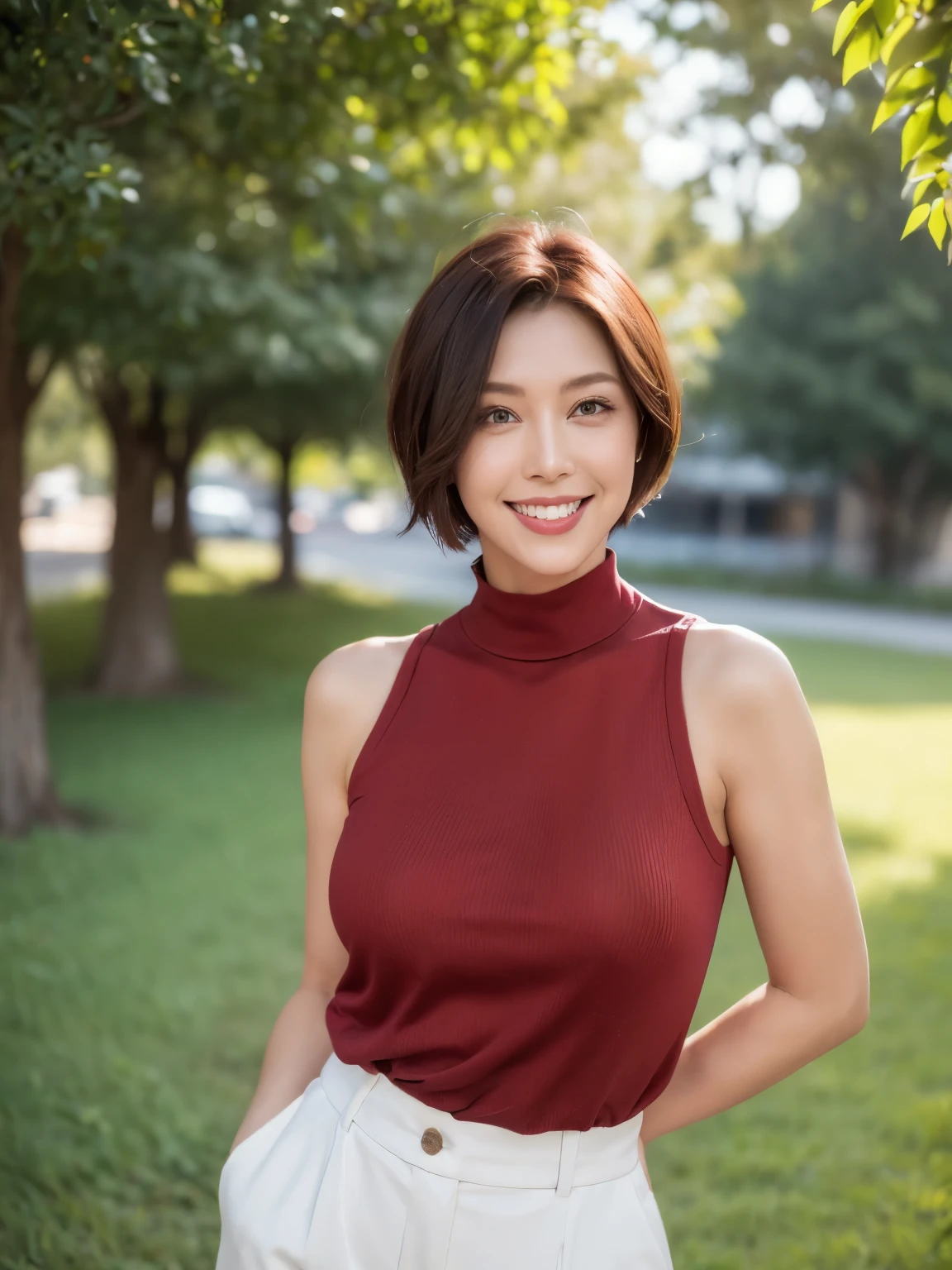 (38 years old), (black high neck sleeveless shirt:1.2),(white wool pants)、 double eyelid, eyelash, Red lip gloss, (smile:1), ((close your eyes:0.85)), (looking at the viewer、Are standing), (From above:0.2)、尖ったred mouth、(reddish brown wet shiny short hair),red mouth,clavicle、 (Photoreal:1.3),(RAW photo),(woman standing in front of an old castle, Beautiful lawn, squirt, Bright sunshine in the city of Modena, Italy) , 8k, Super detailed, highest quality, rough skin, anatomically correct, masterpiece , highest quality, cinematic lighting, Use perspective throughout , surrealism , ,(realistic:1. 3),(RAW photo) , black hair, light smile, short hair, bob cut, anaglyph, stereogram, (mature woman:1), (38 years old), ((close:0.5)), glare, double eyelids, lip gloss, (smile:1), ((close your eyes:0.85)), red mouth, clavicle, ((looking at the viewer)), (short hair of reddish-brown color wet and shiny,), (I can see the whole body) , Slightly thick body type , wide eyed , perfectly round eyes , fine texture