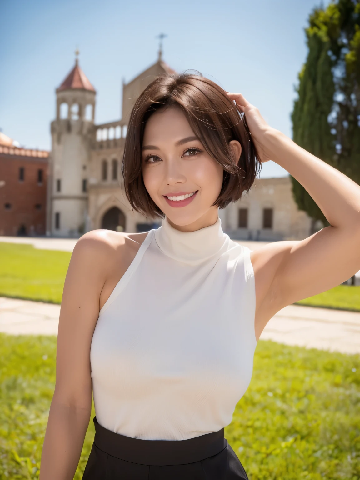(38 years old), (black high neck sleeveless shirt:1.2),(white wool pants)、 double eyelid, eyelash, Red lip gloss, (smile:1), ((close your eyes:0.85)), (looking at the viewer、Are standing), (From above:0.2)、尖ったred mouth、(reddish brown wet shiny short hair),red mouth,clavicle、 (Photoreal:1.3),(RAW photo),(woman standing in front of an old castle, Beautiful lawn, squirt, Bright sunshine in the city of Modena, Italy) , 8k, Super detailed, highest quality, rough skin, anatomically correct, masterpiece , highest quality, cinematic lighting, Use perspective throughout , surrealism , ,(realistic:1. 3),(RAW photo) , black hair, light smile, short hair, bob cut, anaglyph, stereogram, (mature woman:1), (38 years old), ((close:0.5)), glare, double eyelids, lip gloss, (smile:1), ((close your eyes:0.85)), red mouth, clavicle, ((looking at the viewer)), (short hair of reddish-brown color wet and shiny,), (I can see the whole body) , Slightly thick body type , wide eyed , perfectly round eyes , fine texture