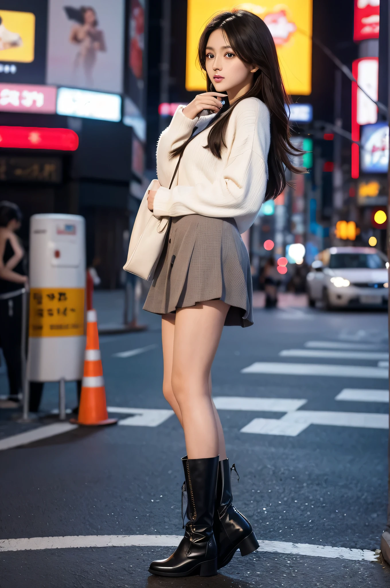high quality, Super detailed, finely, High resolution, 8K Perfect Dynamic Composition, beautiful and detailed eyes, natural color lip, random sexy pose,Shinjuku,kabukicho,18 year old girl、,Big eyes、beautiful and detailed face、perfect and beautiful double eyelids,blur the background,Are standing , whole body,whole body,beautiful feet, ,feet,boots,Fashion Model,mini skirt,gal