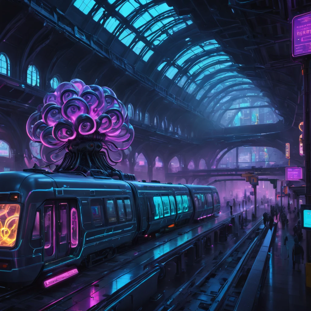 High Resolution, High Quality, Masterpiece. Digital art of a futuristic train station encapsulates cyberpunk aesthetics, featuring grandiose sculptures reminiscent of Louis Tiffany and Dale Chihuly's glasswork, cyberpunk-style trains on spiraling tracks, enveloped in fractal neon glows, smoke swirling around artillery, sparks flying off racks, motherboard-like system units scattered, all rendered in octane perfection, hyper-detailed akin to Pascal Blanche and Rutkowski Repin's artstation hyperrealism, with a cinematic quality matching an