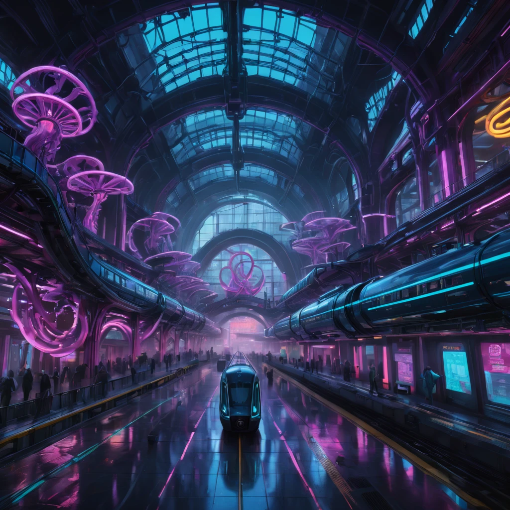 High Resolution, High Quality, Masterpiece. Digital art of a futuristic train station encapsulates cyberpunk aesthetics, featuring grandiose sculptures reminiscent of Louis Tiffany and Dale Chihuly's glasswork, cyberpunk-style trains on spiraling tracks, enveloped in fractal neon glows, smoke swirling around artillery, sparks flying off racks, motherboard-like system units scattered, all rendered in octane perfection, hyper-detailed akin to Pascal Blanche and Rutkowski Repin's artstation hyperrealism, with a cinematic quality matching an