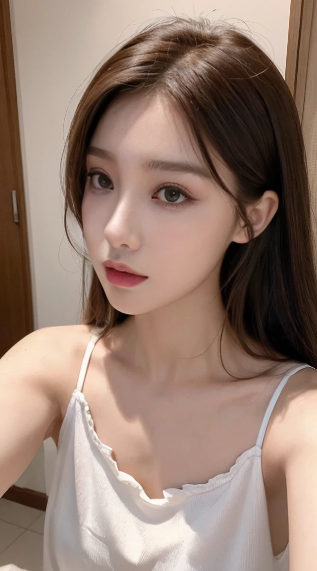 A girl's delicate facial features, exquisite makeup, selfie lifestyle photo focusing on the girl's beautiful chestnut hair
