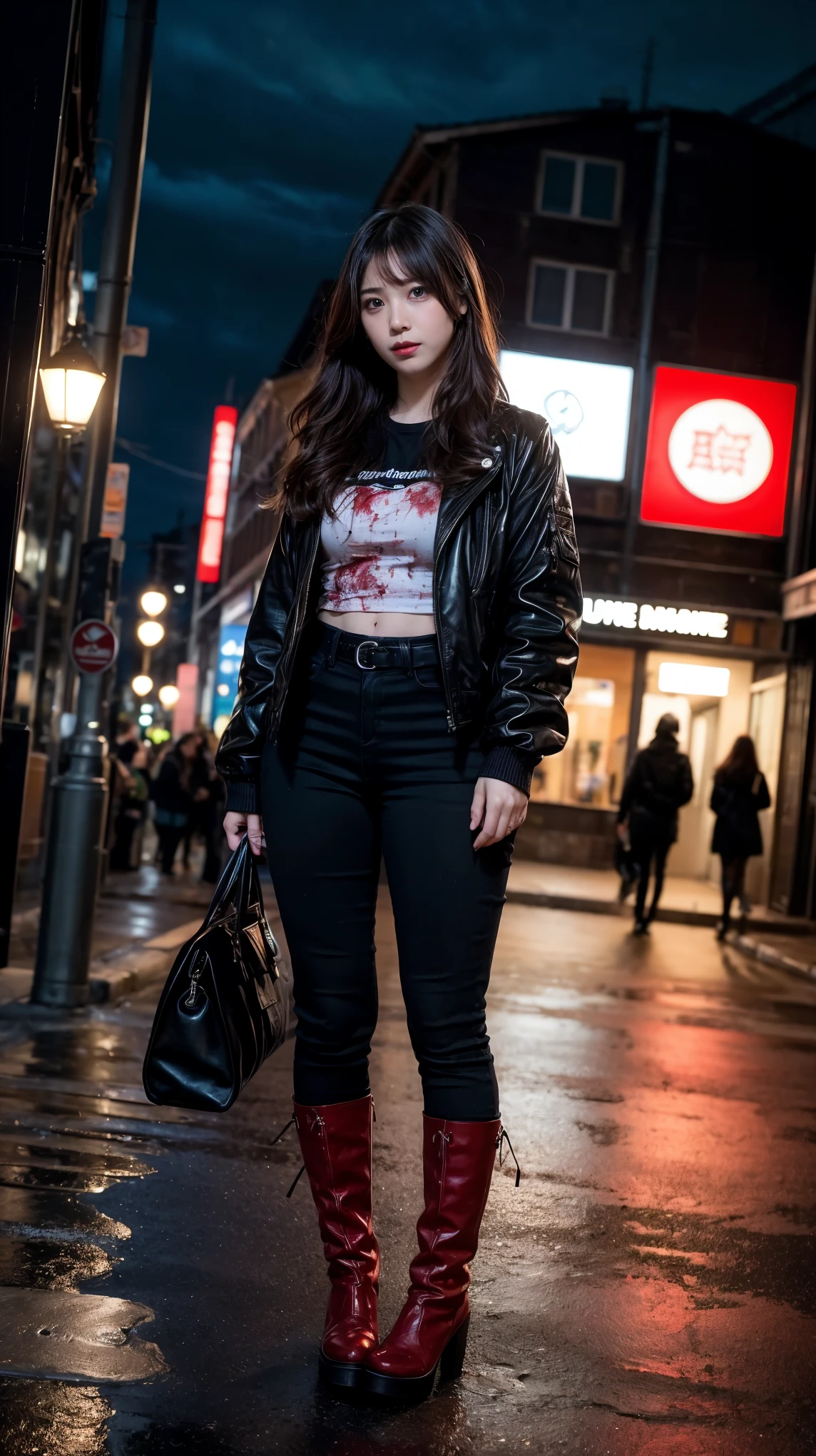 ulzzang-6500-v1.1, (RAW photo:1.2), (Photoreal), (genuine:1.4), 1 Japanese girl, warframe, complicated pattern, heavy metal, energy line, faceless, shining eyes, elegant, intense, blood red and black uniform, alone, modern, city, street, dark clouds, thunderstorm, heavy rain,, dramatic lighting,, (masterpiece:1.2), highest quality, High resolution,   beautiful, very detailed, perfect lighting, (full body shot:1.0), 