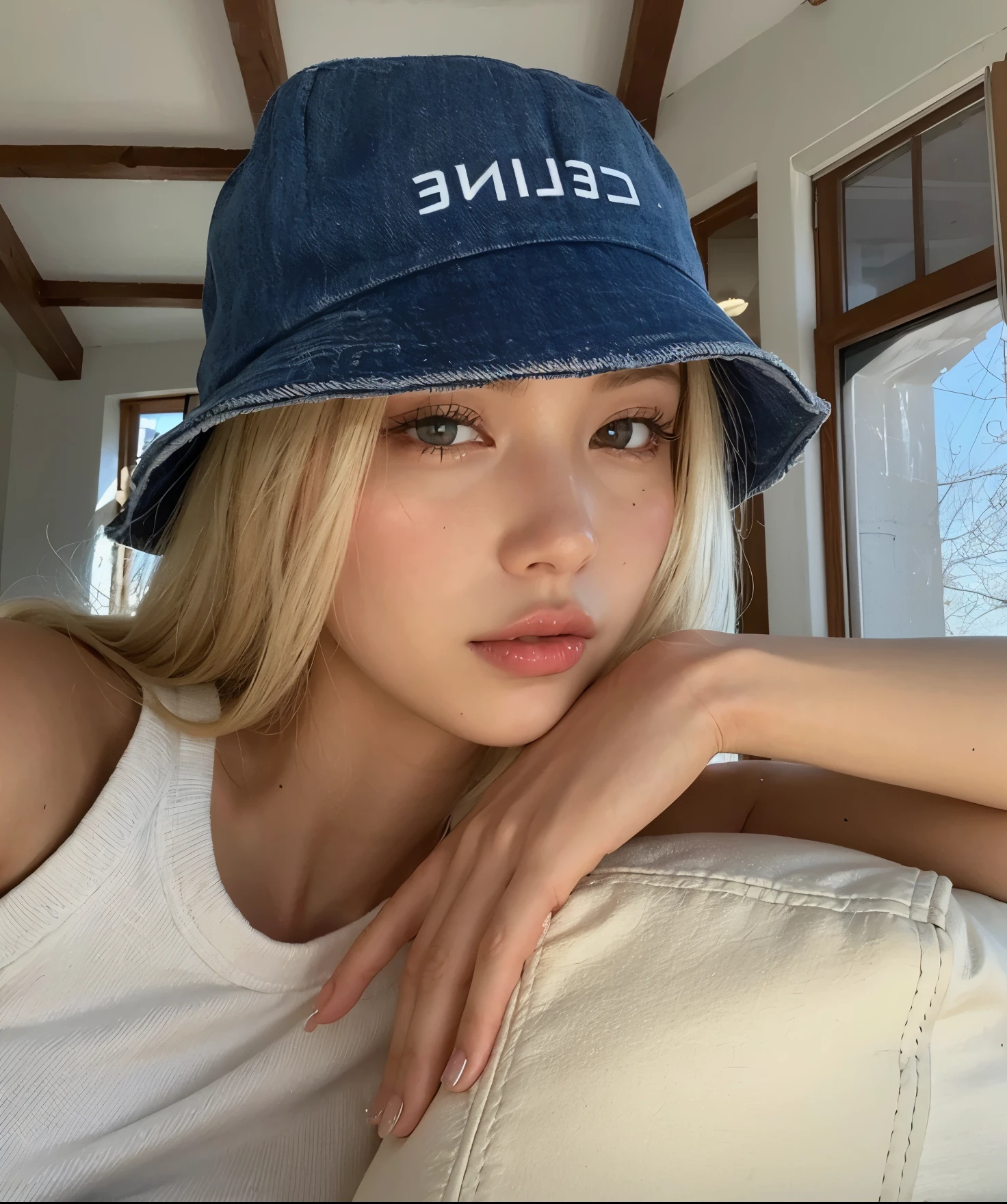 arafa blonde woman wearing a denim hat and white blouse, face like exposed ester, Retrato de Sophie Mudd, Yelena Belova, estilo de julia razumova, bucket hat, Victoria Gavrilenko, modelo do instagram, Yulia Gorokhova, rosto perfeito ), ellie victoria gale, with hat, martina fackova, jennie blackpink. lisa blackpink