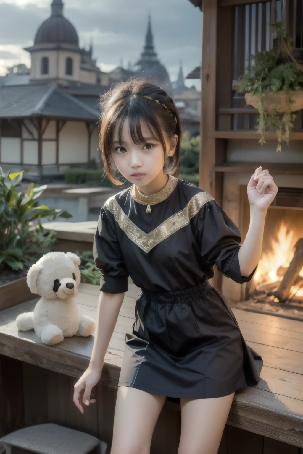 seorang gadis kecil dengan baju sobek dan rok putih, memeluk boneka duduk sendiri ditengah puing bangunan yang hancur berantakan, wajahnya sedih, suasana hujan gerimis latar belakang gedung dan rumah yang hancur dengan tank tempur, langit mendung agak gelap, hasil sangat tajam, sangat detail, dan bagus, cerah