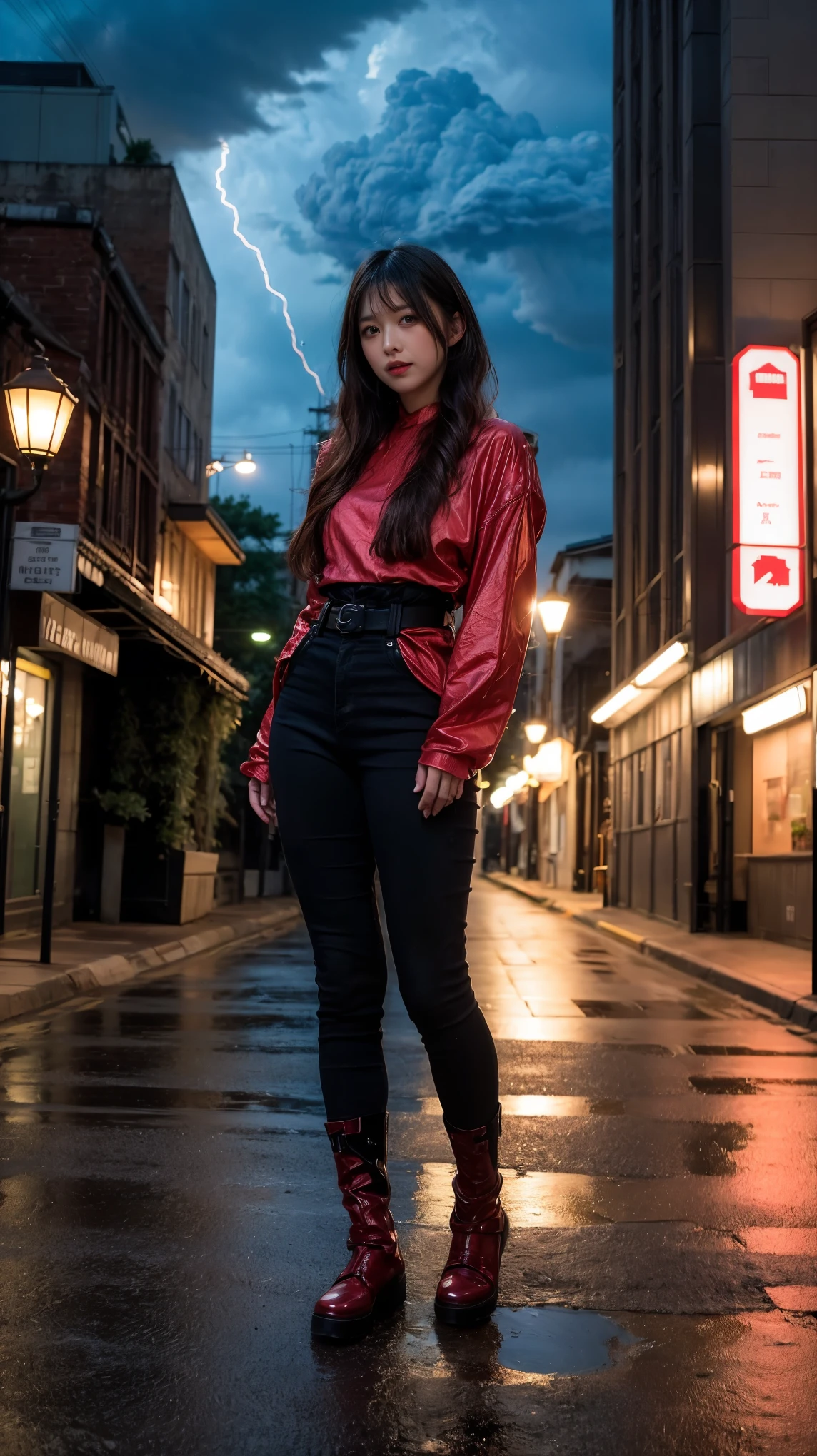 ulzzang-6500-v1.1, (RAW photo:1.2), (Photoreal), (genuine:1.4), 1 Japanese girl, warframe, complicated pattern, heavy metal, energy line, faceless, shining eyes, elegant, intense, blood red and black uniform, alone, modern, city, street, dark clouds, thunderstorm, heavy rain,, dramatic lighting,, (masterpiece:1.2), highest quality, High resolution,   beautiful, very detailed, perfect lighting, full body shot:1.15,  