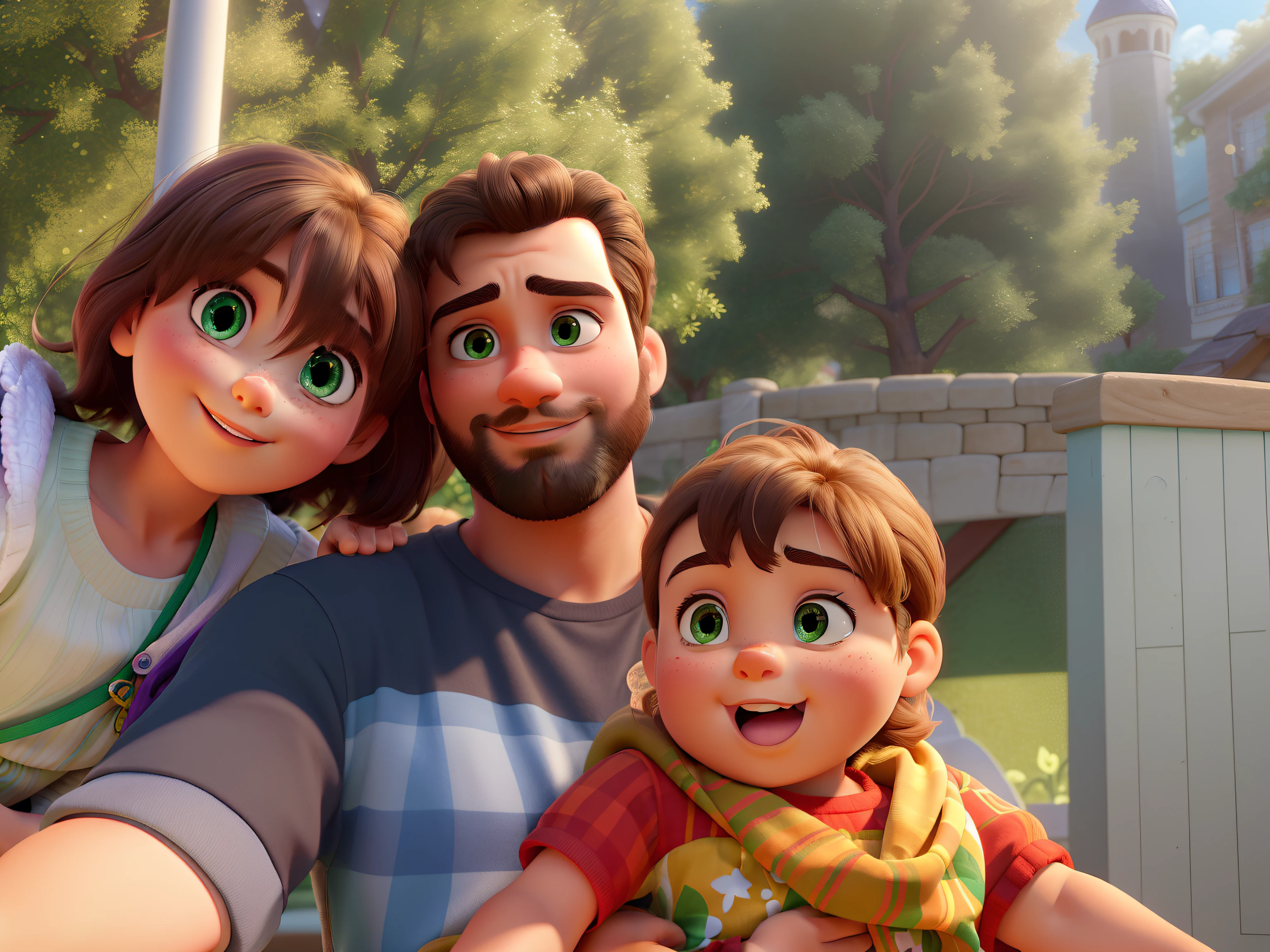 A Russian woman with short hair e dimpled cheeks, olhos verdes cativantes que brilham com vida. Beside her stes a Brazilian man, seu rosto adornado com uma barba bem cuidada. in your arms, He cradles a 7-month-old baby, their pride e joy. The scene is beautifully rendered in the enchanting Disney Pixar style, capturing the essence of innocence e warmth.

Embracing the highest steards of image quality, This masterpiece is crafted with meticulous attention to detail. Every stroke e pixel contribute to the ultra-detailed composition, elevating it to a level of photorealism. As cores ganham vida em tons vibrantes, infusing the artwork with a sense of liveliness e vibrancy.

The scene is bathed in an array of studio lighting., creating a seamless interplay between light e shadow. O brilho quente envolve os personagens, casting a soft glow that highlights your features. The background is a carefully designed scenery, perfectly complementing the main subjects e enhancing the overall visual impact.

This surreal masterpiece captures the essence of the human connection e the joy of parenthood. The Russian woman's green eyes reflect the love e care she has for her family, while the Brazilian man's bearded face exudes strength e tenderness. The baby, with your angelic innocence, is the embodiment of pure joy e wonder.

Nesta obra de arte inspirada na Disney Pixar, os talentos do artista brilham, showcasing their ability to transport viewers to a world of captivating storytelling e visual splendor. The colors are vivid, The details are exquisite, e the emotions are palpable. This artwork is a testament to the power of imagination e the magic of art.

[hdr], [Ultra HD], [sharp focus], [profissional], e [bokeh] Combine to create a stunning visual experience, immersing the audience in a world of unparalleled beauty e realism. The masterful use of color e light breathes life into the characters, evoking a sense of awe e wonder.

Entre