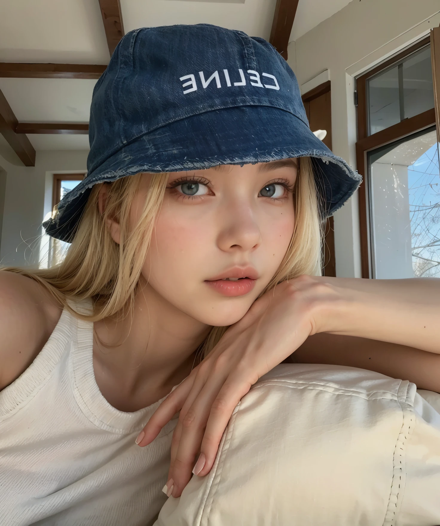 arafa blonde woman wearing a denim hat and white blouse, face like exposed ester, Retrato de Sophie Mudd, Yelena Belova, estilo de julia razumova, bucket hat, Victoria Gavrilenko, modelo do instagram, Yulia Gorokhova, rosto perfeito ), ellie victoria gale, with hat, martina fackova, jennie blackpink. lisa blackpink