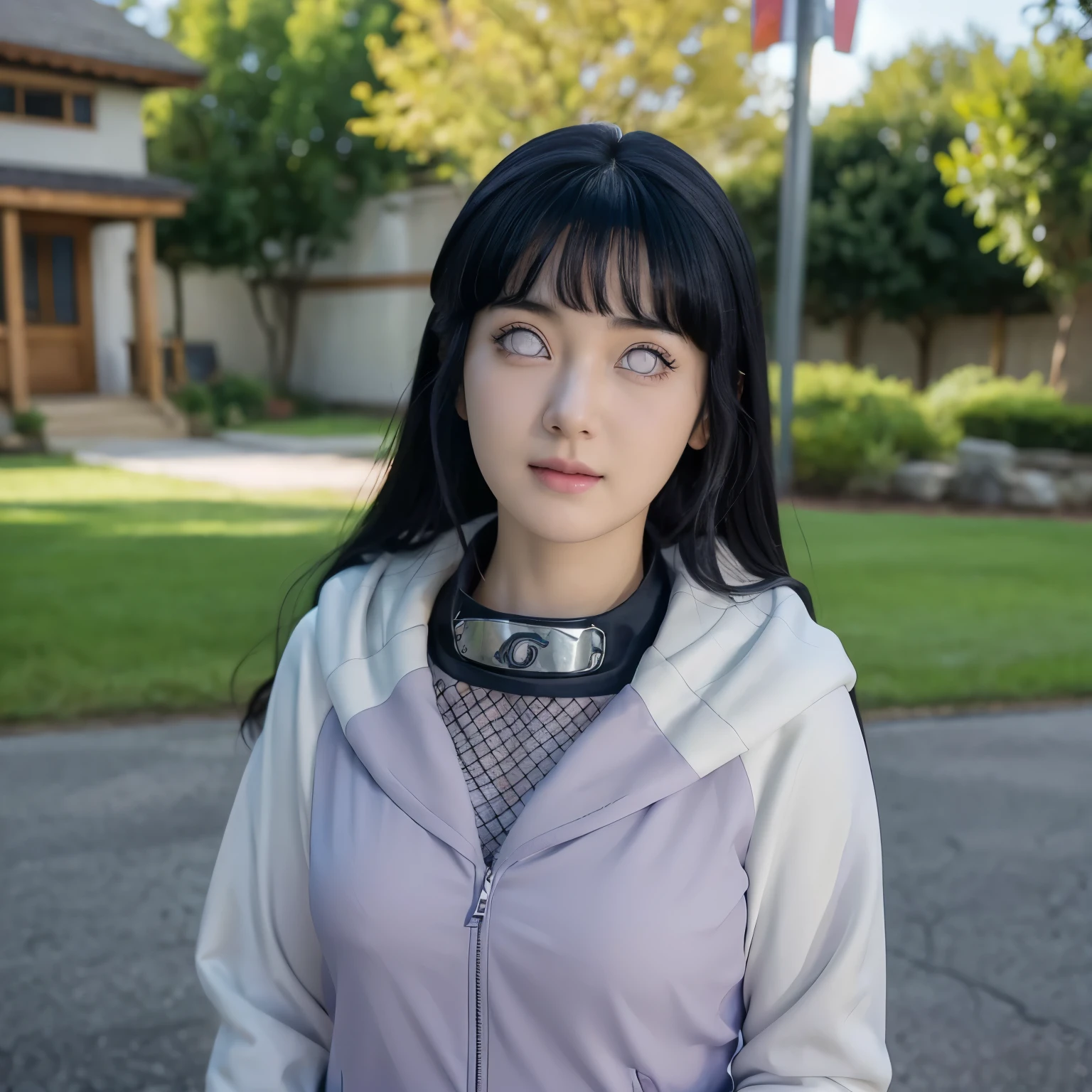 ((best quality)), ((masterpiece)), (detailed), perfect face, photorealistic photo of Hinata Hyuga (( NAruto)), She has beauty eyes and light blue black hair with bangs, she has a gnetle smile on her face and is facing forward looking direclty at the camera, 1 girl (HInata Hyuga)) looking beautiful, has medium sized chest, wearing a purrple jacket with hoot, hoot down, the metal metal plate with hidden leaf village sign is worn around neck head band, beautiful looking, bright light, light passing through hair, Detailed face, Detailed eyes, Detailed ficure, perfect proportion, purple jacket with hoodie down, has cute look on face, light passing through hair, outdoor environment, princess, beautiful, teenage of 25 years old, beautiful, ultra high res, UHD, 4K, 1 girl.