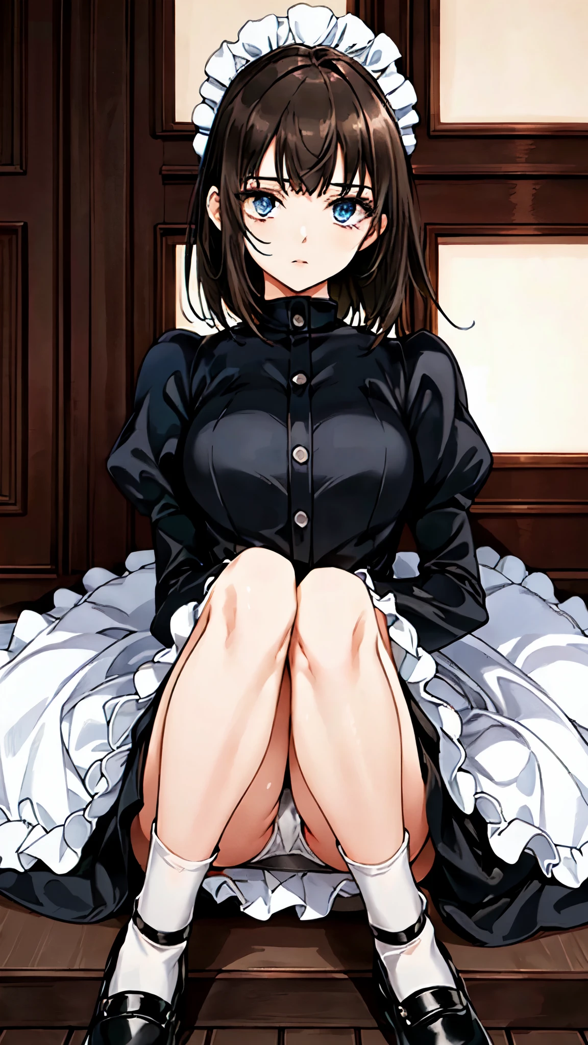 (masterpiece:1.2, top-quality, ultra high res, ultra detailed), (realistic, photorealistic:1.4), beautiful illustration, (natural side lighting, movie lighting), depth of fields, colorful,
looking away, (full body, front view), 1 girl, maid, 20 years old, expressive eyes, perfect eyes, perfect face, (perfect anatomy), cute and symmetrical face,
(short hair:1.2, straight hair:1.2, brown hair), bangs, blue eyes, long eye lasher, (medium breasts), perfect balance, white skin, shiny skin, slender, bottomless,
beautiful hair, beautiful face, beautiful detailed eyes, beautiful clavicle, beautiful body, beautiful chest, beautiful thigh, beautiful legs, (detailed cloth texture),
((puffy sleeves, long sleeves black imperial collared shirt, (closed shirt), black long skirt, maid headdress, white short gloves, white formal socks, black ta shoes, white panty)),
(beautiful scenery), evening, (living room minimalist), standing, hands between legs, (look down on with disdain, innocent big eyes:1.0, close mouth),