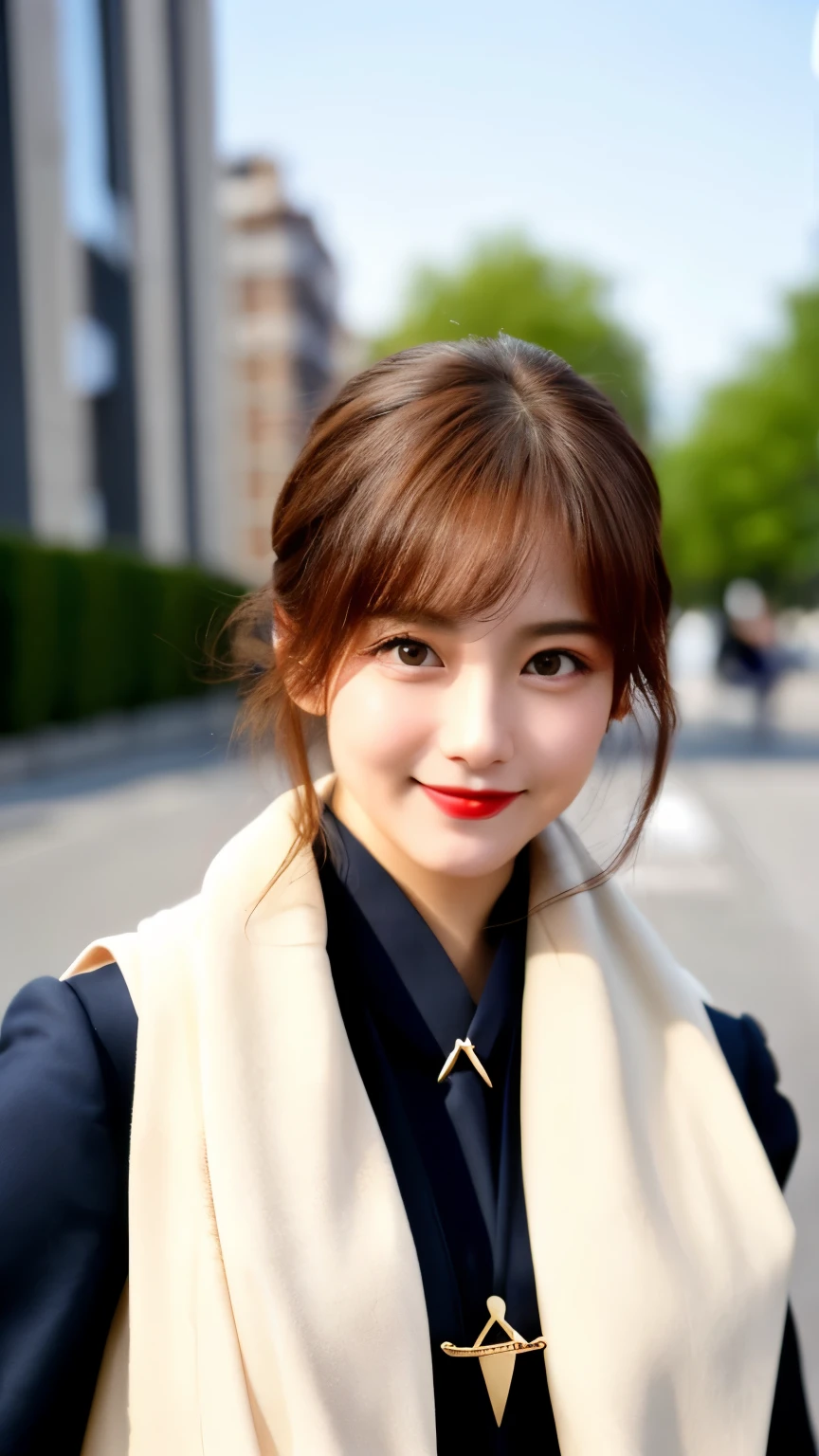 best quality, ultra-high resolution, real, photorealistic, 8K, BREAK, a Japanese girl, cute, pretty, full body, full body, BREAK, long and light brown hair, white skin, blushing cheeks, detailed red lips, drunk, smile, BREAK, black and white jacket, a necklace, BREAK, (a lamborghini in the background:1.3, in a street), natural lighting