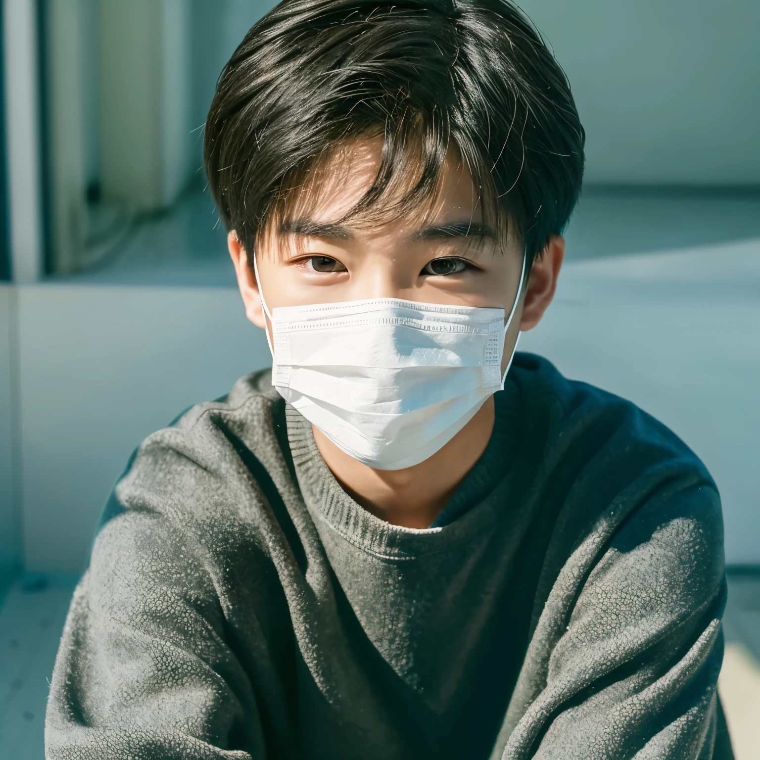 Handsome１０A boy about 18 years old has an infectious disease and looks distressed. He is wearing a white mask. He has a high fever. He is sleeping. He is coughing. He is feeling exhausted. His temperature is being measured with a thermometer.