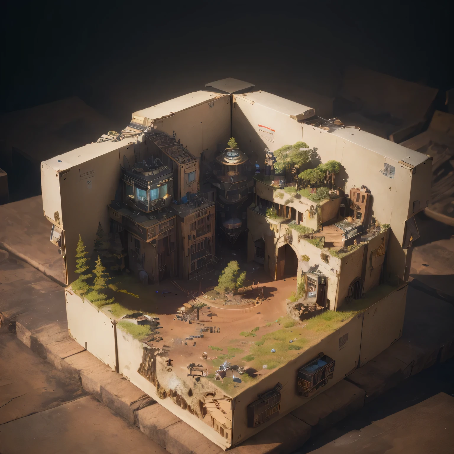 3598年Mars realistic model, (split ends, original photo, best quality, masterpiece:1.4),Steampunk Cyberpunk 6820 City,(CyberpunkMars light:1.3), Mars (related to land),(in a small nature box:1.3),Isometric, small nature, landscape on foundation,landscape,