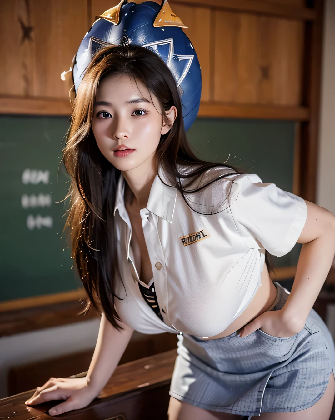 (1 girl:1.4)、(female teacher、mini skirt:1.4)、(Photoreal:1.4)、(hyper realistic:1.4)、(realistic:1.mooth lighting:1.05)、(映画の照明Improvement of quality:0.9)、32K、22 year old girl、healthy beauty、(cowboy shot:1.8)、realistic lighting、Backlight、facial light、ray tracing、(Natural light:1.2)、(Improvement of quality:1.4)、(Highest quality realistic textured skin:1.4)、detailed face、fine eyes、(tired, sleepy and satisfied:0.0)、 big bances the mood of your body line:1.1)、(Enhances the beauty of skin texture:1.1)、School、brown 、Medium hair with a uniform shape on the left and right