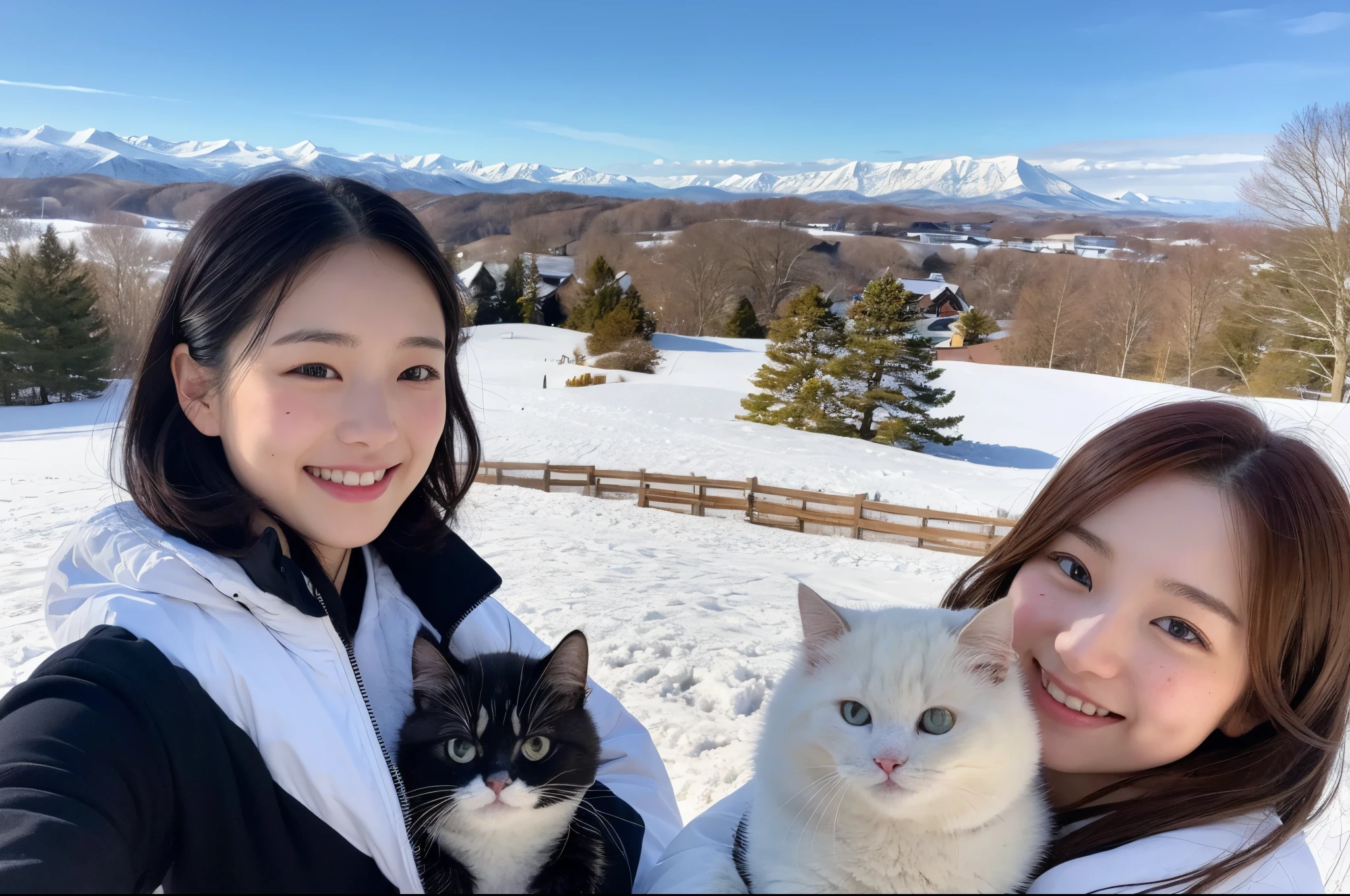 8K photo quality、The view from the top of the hill（Biei, hokkaido）、snow scene、beautiful japanese woman（23 years old）one person、cut black bob、wearing a white down jacket。sunny。holding a cute little black kitten。smile、realistic face、just a few freckles。