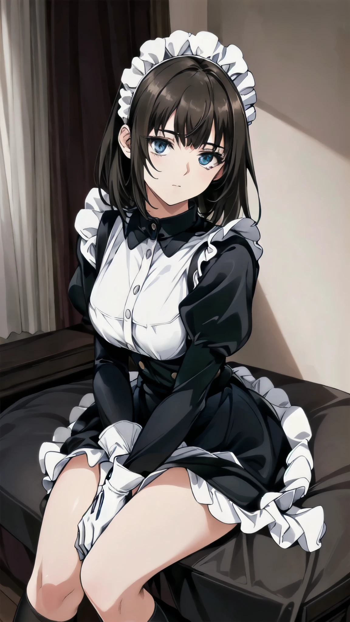 (masterpiece:1.2, top-quality, ultra high res, ultra detailed), (realistic, photorealistic:1.4), beautiful illustration, (natural side lighting, movie lighting), depth of fields, colorful, 
looking away, (full body, front view), 1 girl, maid, 20 years old, expressive eyes, perfect eyes, perfect face, (perfect anatomy), cute and symmetrical face, 
(short hair:1.2, straight hair:1.2, brown hair), bangs, blue eyes, long eye lasher, (medium breasts), perfect balance, white skin, shiny skin, slender, bottomless, 
beautiful hair, beautiful face, beautiful detailed eyes, beautiful clavicle, beautiful body, beautiful chest, beautiful thigh, beautiful legs, (detailed cloth texture), 
((puffy sleeves, long sleeves black imperial collared shirt, (closed shirt), black long skirt, maid headdress, white short gloves, white formal socks, black ****ta shoes, white panty)), 
(beautiful scenery), evening, (living room minimalist), standing, hands between legs, (look down on with disdain, innocent big eyes:1.0, close mouth), 