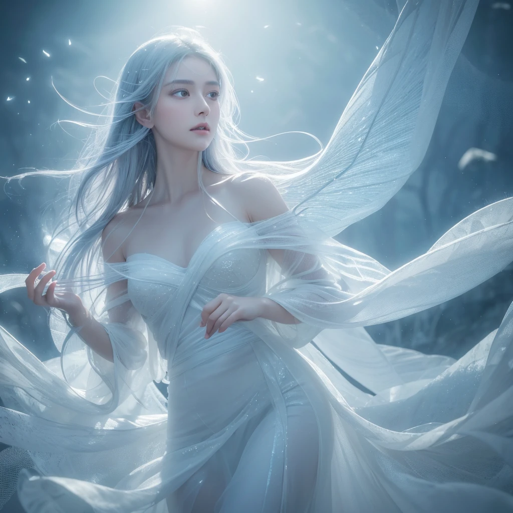 High Resolution, High Quality, Masterpiece. White fairy bird perched in a suspended moment, delicate feathers with skin texture akin to gossamer wisps, eye sharply in focus beneath feathered eyelashes, embodied abstraction hinted by a shroud of fog and transparent veil, white upon white color scheme where shadows dance in subtle interplay, digital art infused with a Broken Glass effect casting illusions across a non-existent background, mythical energy radiates from iridescent and luminescent scales, crafting a vision of ethereal perfection and divine octane rendering. 
