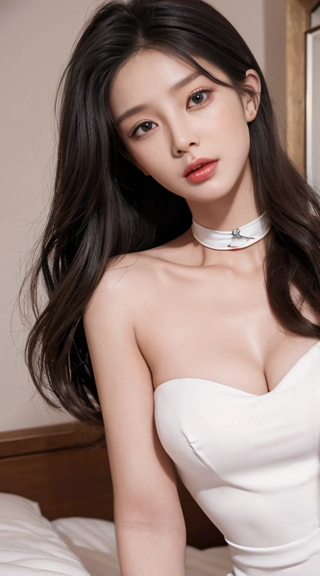 ((midnight, best quality, 8k, masterpiece :1.3)), whole body, long legs, sharp focus : 1.2, beautiful woman with perfect body: 1.4, Slim abs: 1.1, ((Dark brown hair, big deal:1.2)), (Short torso, {{{Very long legs}}}, {{{Waist is very thin}, {buttocks very small}, {{非常big deal乳房聚集}},
 {{{different clavicle}}},
{{{White skin}}}, {{{light brown hair}}},
{{{small head}}},{{25 years old}}}, {{{waist shot}, {{{Expressionless}, {audience}, {{chest height view}}}, {White tube top micro mini dress}, {{{Body awareness dress}}, {{{dress without sleeve，Cleavage fully exposed, Neckline plummets}}, Thin white choker), (( bedroom at night)), Highly detailed facial and skin textures, delicate eyes, double eyelids
