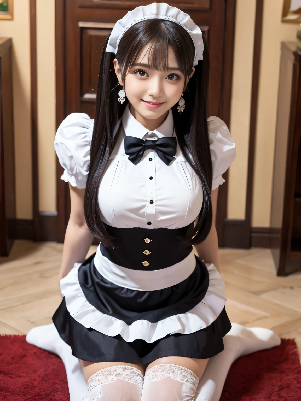 painted smoky makeup, eye shadow, maid girl, silky hair, People wearing hair accessories or earrings, cute smile. she was wearing a maid skirt, white stockings on her legs, and lace gloves. She squatted down and spread her legs. Scenes are random.
