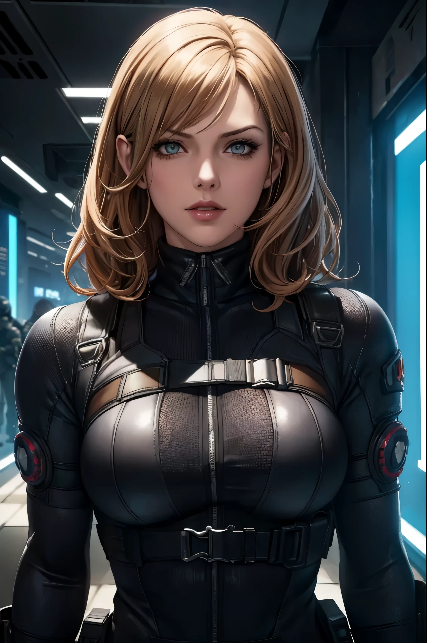 super fine illustration, ultra high resolution, masterpiece, highest quality, perfect shiny shinny skin, perfect lighting, detailed lighting, dramatic shadow, ray tracing, 1 beautiful white milf, looking at the viewer, small breasts, beautiful detailed hazel eyes, sharp face, clear eyes, red lips, long bangs, medium curly hair, blond hair, ((cyberpunk dark city)), Upper body, battle suit, military harness, Alice Abernathy - Resident Evil Series, Milla Jovovich, looking back,