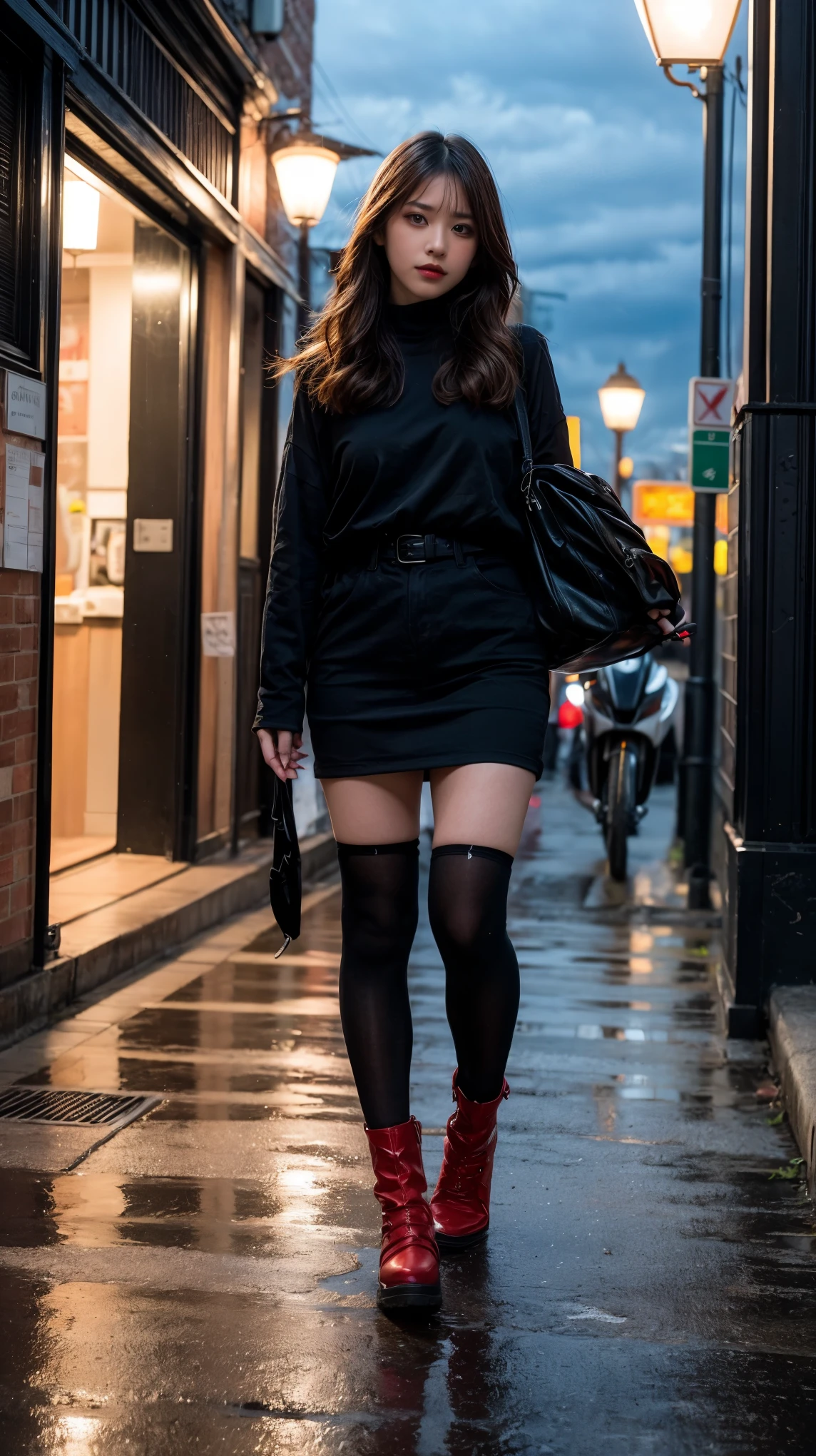 ulzzang-6500-v1.1, (RAW photo:1.2), (Photoreal), (genuine:1.4), 1 Japanese girl, warframe, complicated pattern, heavy metal, energy line, faceless, shining eyes, elegant, intense, blood red and black uniform, alone, modern, city, street, dark clouds, thunderstorm, heavy rain,, dramatic lighting,, (masterpiece:1.2), highest quality, High resolution,   beautiful, very detailed, perfect lighting, full body shot:1.05,  
