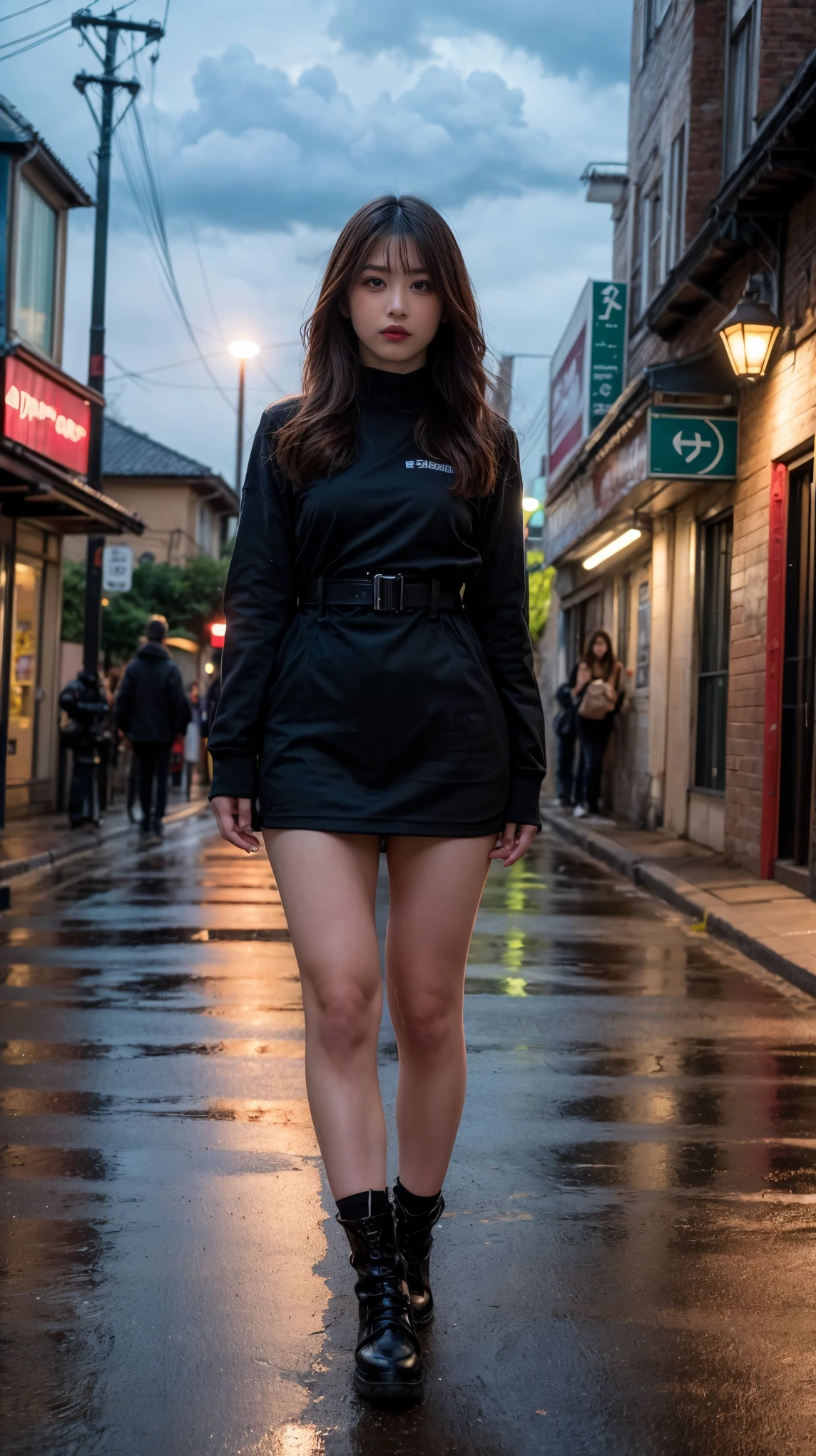 ulzzang-6500-v1.1, (RAW photo:1.2), (Photoreal), (genuine:1.4), 1 Japanese girl, warframe, complicated pattern, heavy metal, energy line, faceless, shining eyes, elegant, intense, blood red and black uniform, alone, modern, city, street, dark clouds, thunderstorm, heavy rain,, dramatic lighting,, (masterpiece:1.2), highest quality, High resolution,   beautiful, very detailed, perfect lighting, full body shot:1.05,  