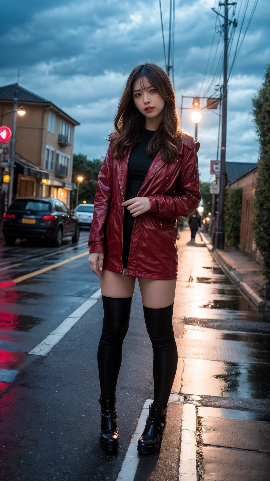 ulzzang-6500-v1.1, (RAW photo:1.2), (Photoreal), (genuine:1.4), 1 Japanese girl, warframe, complicated pattern, heavy metal, energy line, faceless, shining eyes, elegant, intense, blood red and black uniform, alone, modern, city, street, dark clouds, thunderstorm, heavy rain,, dramatic lighting,, (masterpiece:1.2), highest quality, High resolution,   beautiful, very detailed, perfect lighting, full body shot:1.05,  