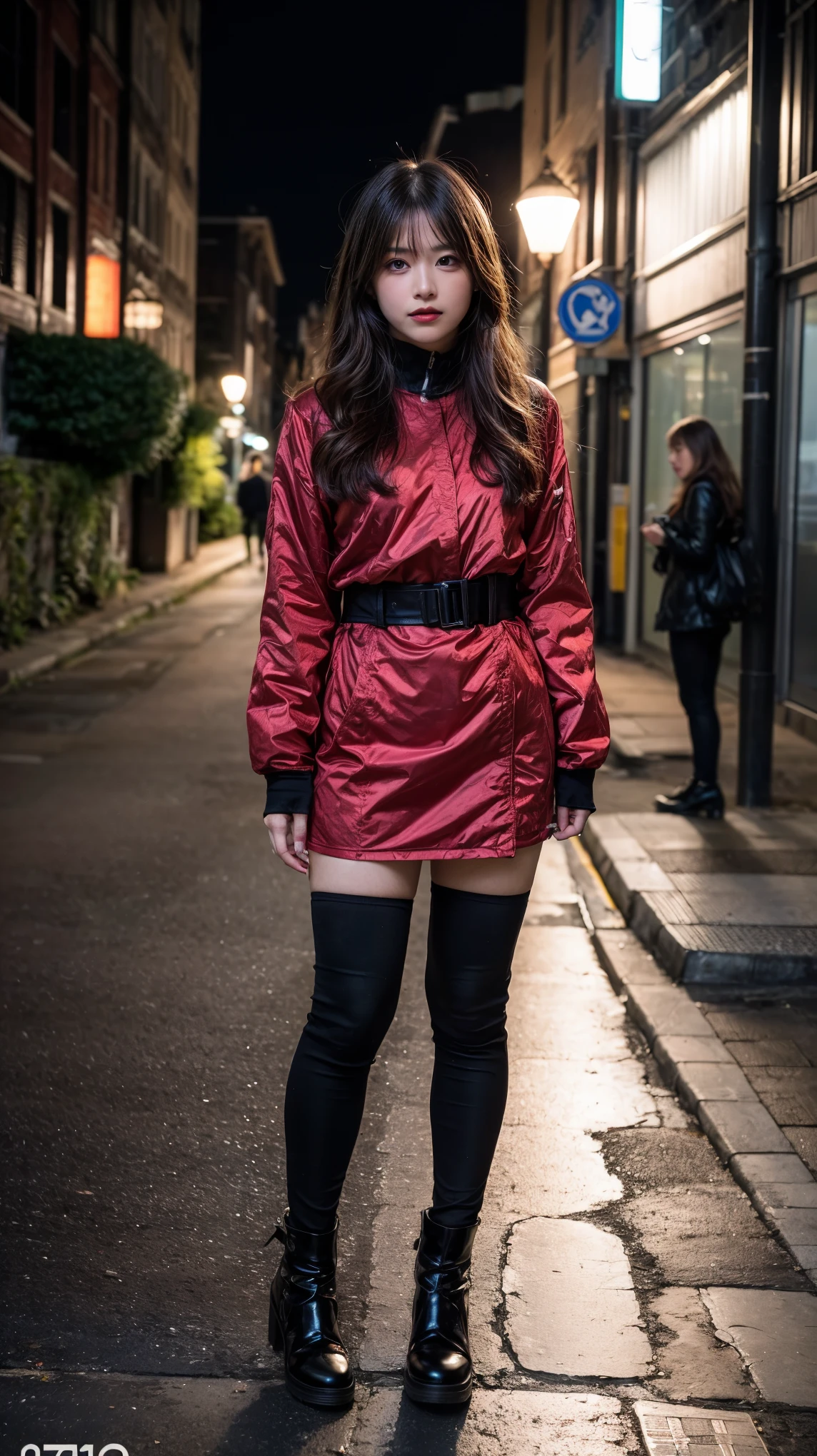 ulzzang-6500-v1.1, (RAW photo:1.2), (Photoreal), (genuine:1.4), 1 Japanese girl, warframe, complicated pattern, heavy metal, energy line, faceless, shining eyes, elegant, intense, blood red and black uniform, alone, modern, city, street, dark clouds, thunderstorm, heavy rain,, dramatic lighting,, (masterpiece:1.2), highest quality, High resolution, beautiful, very detailed, perfect lighting, full body shot:1.05,