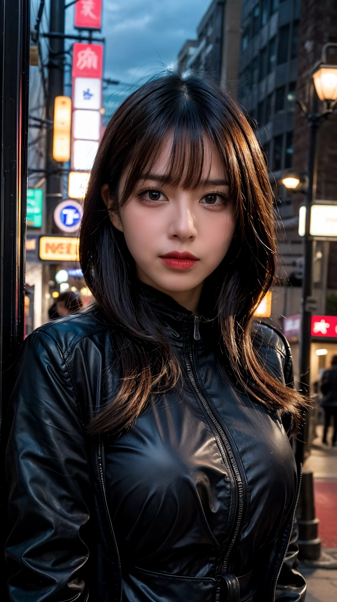 ulzzang-6500-v1.1, (RAW photo:1.2), (Photoreal), (genuine:1.4), 1 Japanese girl, warframe, complicated pattern, heavy metal, energy line, faceless, shining eyes, elegant, intense, blood red and black uniform, alone, modern, city, street, dark clouds, thunderstorm, heavy rain,, dramatic lighting,, (masterpiece:1.2), highest quality, High resolution,   beautiful, very detailed, perfect lighting, Upper body、