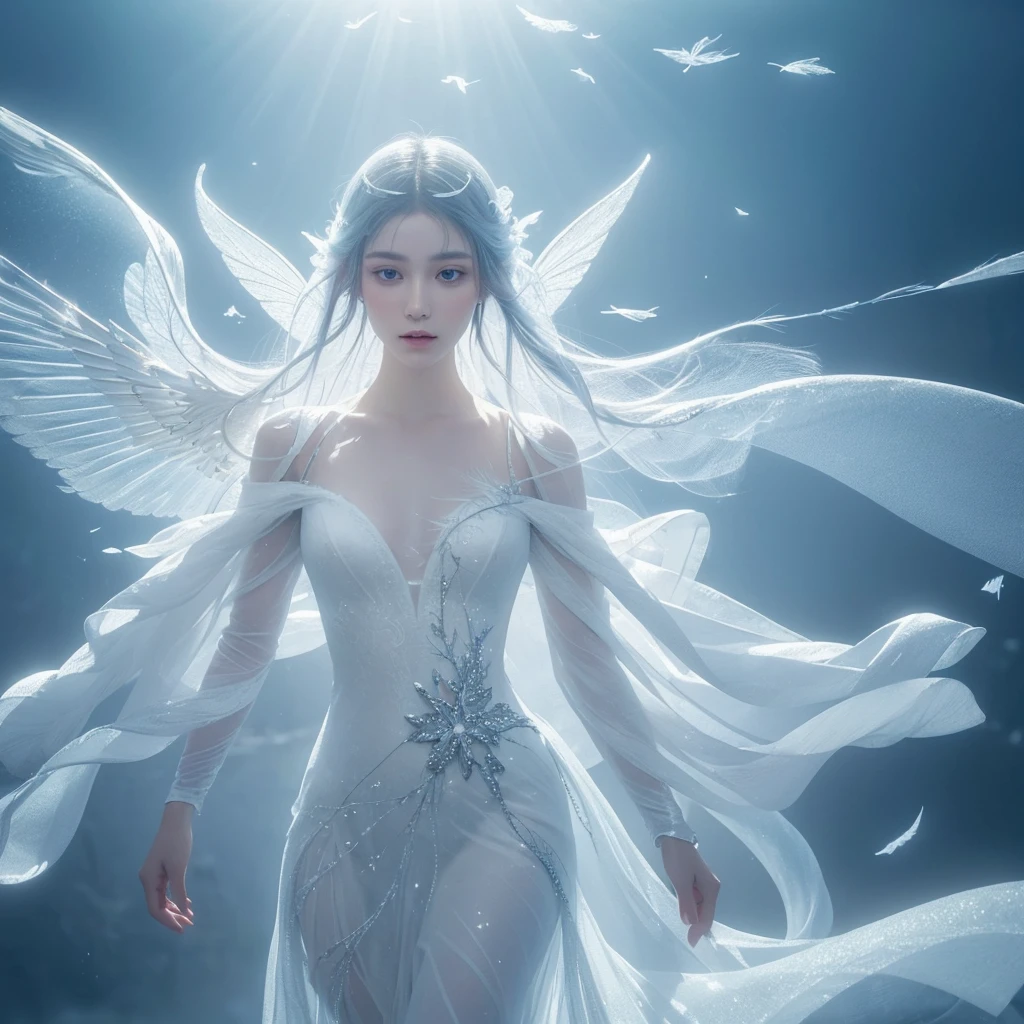 High Resolution, High Quality, Masterpiece. White fairy bird perched in a suspended moment, delicate feathers with skin texture akin to gossamer wisps, eye sharply in focus beneath feathered eyelashes, embodied abstraction hinted by a shroud of fog and transparent veil, white upon white color scheme where shadows dance in subtle interplay, digital art infused with a Broken Glass effect casting illusions across a non-existent background, mythical energy radiates from iridescent and luminescent scales, crafting a vision of ethereal perfection and divine octane rendering.