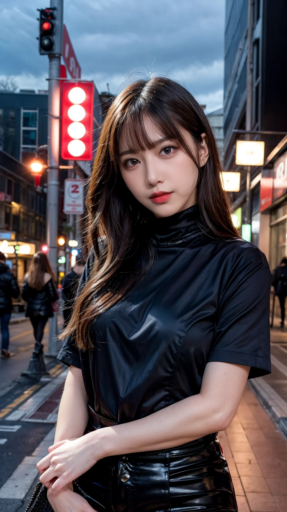 ulzzang-6500-v1.1, (RAW photo:1.2), (Photoreal), (genuine:1.4), 1 Japanese girl, warframe, complicated pattern, heavy metal, energy line, faceless, shining eyes, elegant, intense, blood red and black uniform, alone, modern, city, street, dark clouds, thunderstorm, heavy rain,, dramatic lighting,, (masterpiece:1.2), highest quality, High resolution, beautiful, very detailed, perfect lighting, Upper body、