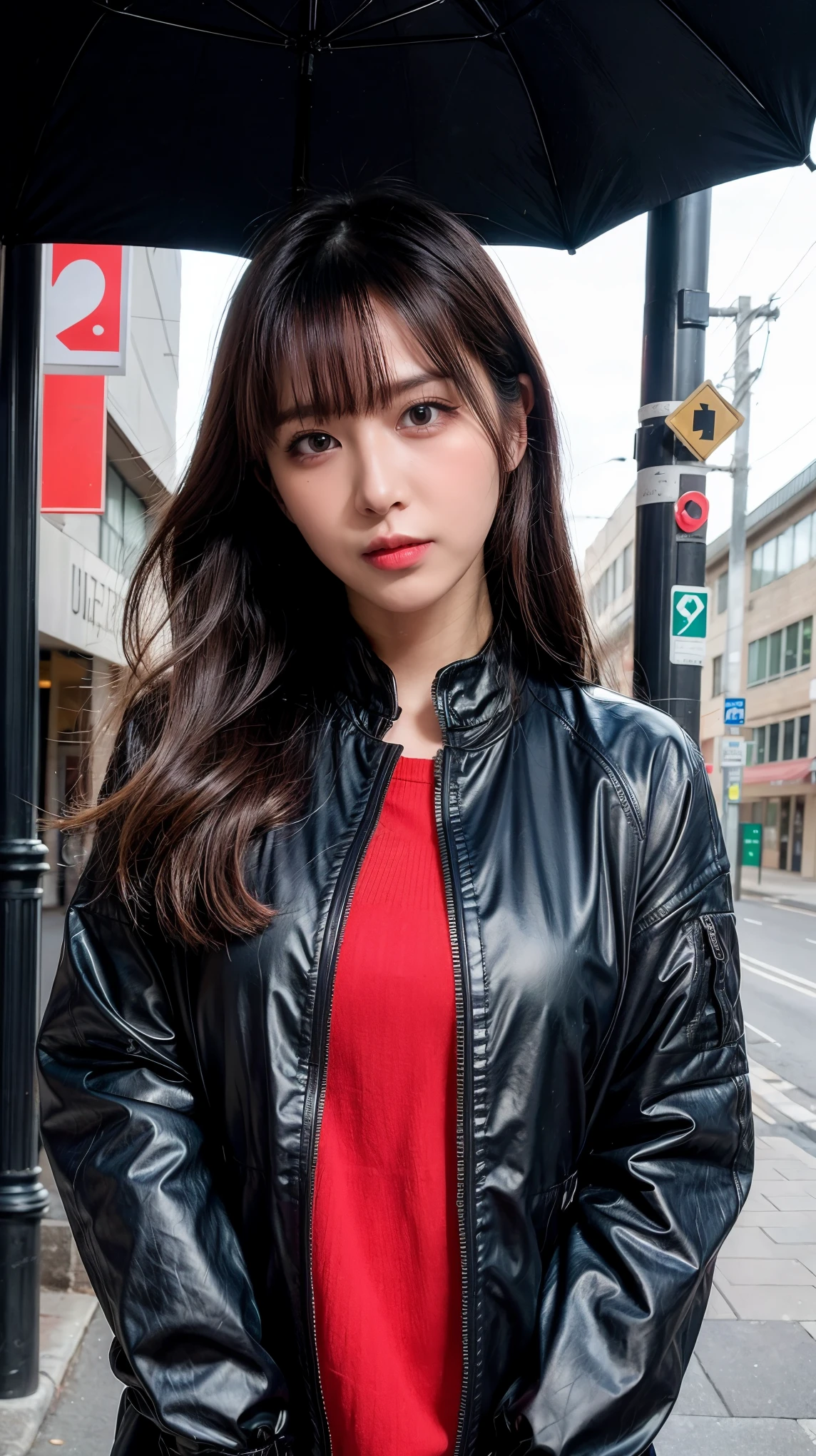 ulzzang-6500-v1.1, (RAW photo:1.2), (Photoreal), (genuine:1.4), 1 Japanese girl, warframe, complicated pattern, heavy metal, energy line, faceless, shining eyes, elegant, intense, blood red and black uniform, alone, modern, city, street, dark clouds, thunderstorm, heavy rain,, dramatic lighting,, (masterpiece:1.2), highest quality, High resolution, beautiful, very detailed, perfect lighting, Upper body、