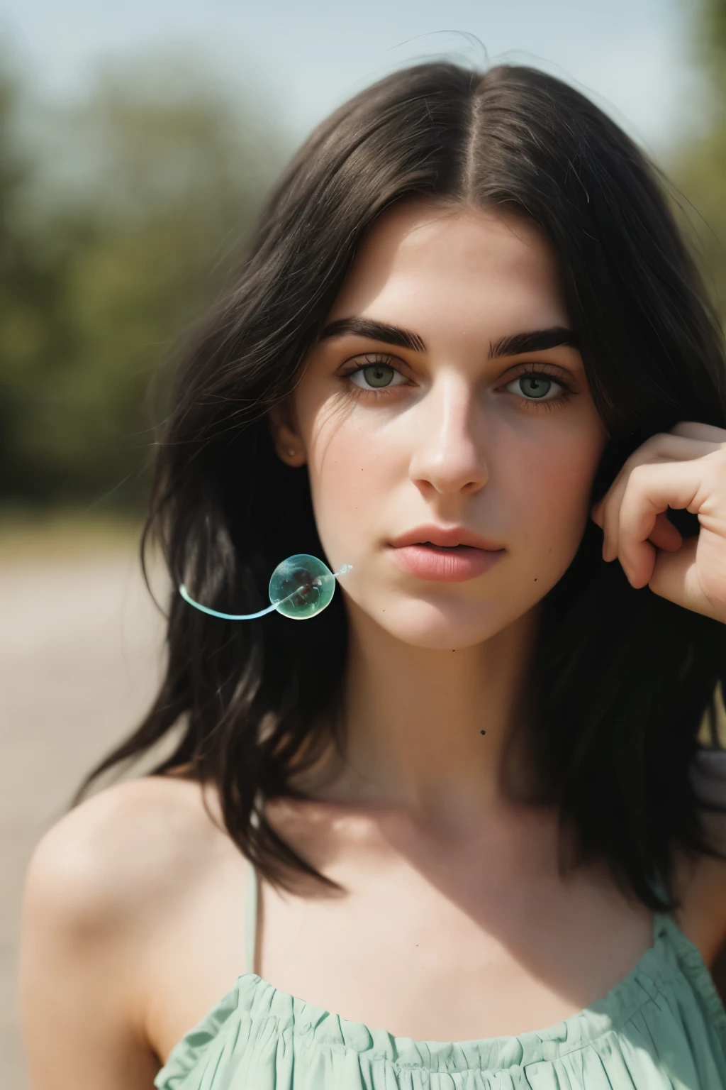 RAW Photo, DSLR BREAK
(kkw-ph1:0.9) BREAK
half body portrait of a young 20yo woman, black hair, wearing a summer dress BREAK
detailed, blowing bubble gum, green bubble gum professional colorgraded