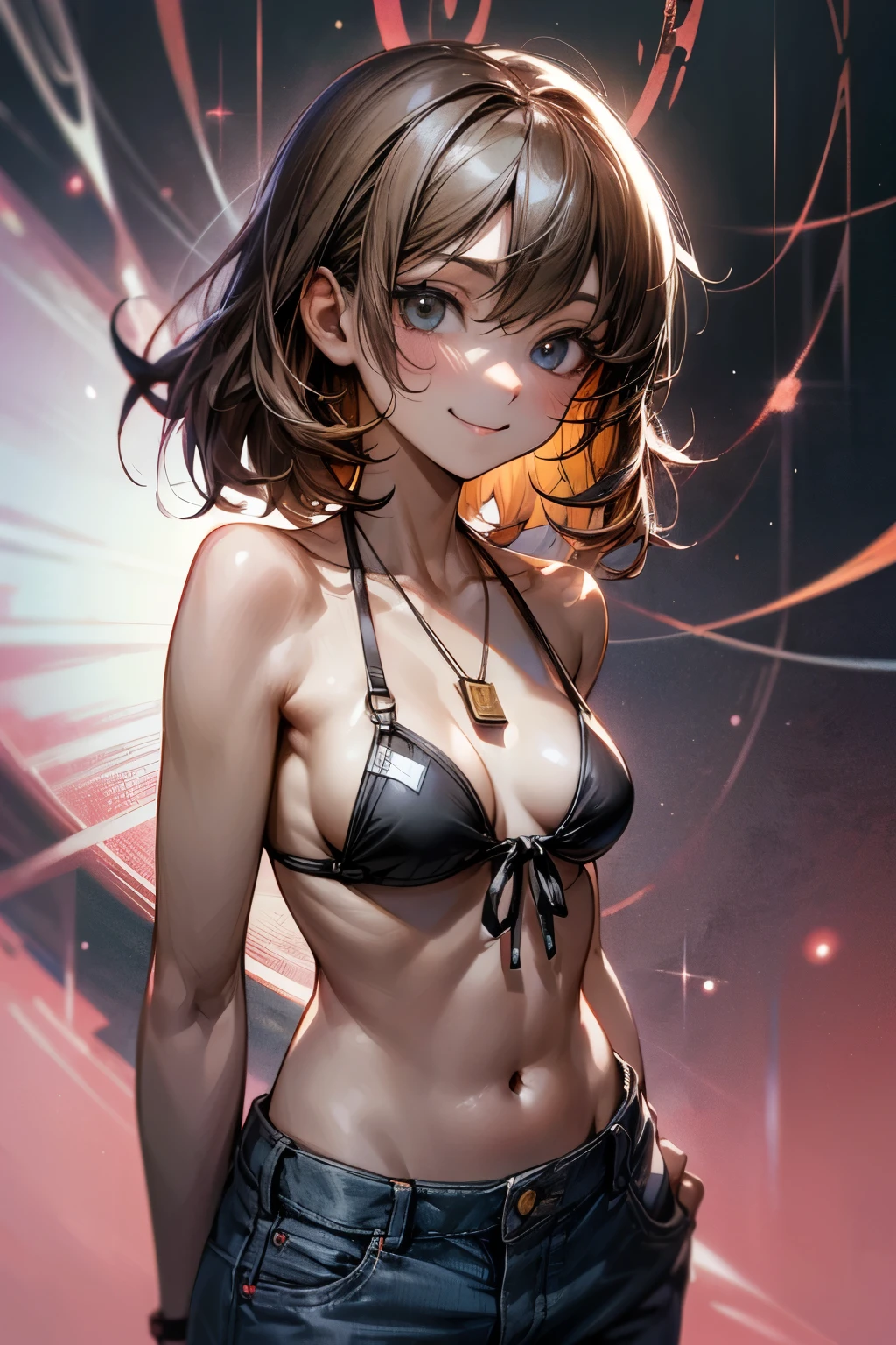 ((Masterpiece)), (Anime:1.5), ((best quality)), (RAW photo:1.2), (High Definition:1.3), (Professional Photography:1.2), (chromatic aberration), 1girl, (()), (very smirk), upper body, looking at viewer, side tied bikini top, O-ring, unruly hair, medium hair, ((pants pull up)), dog tag, pale brown hair, (small breast), cute hip, (Secluded beach), (mist effect:1.3),