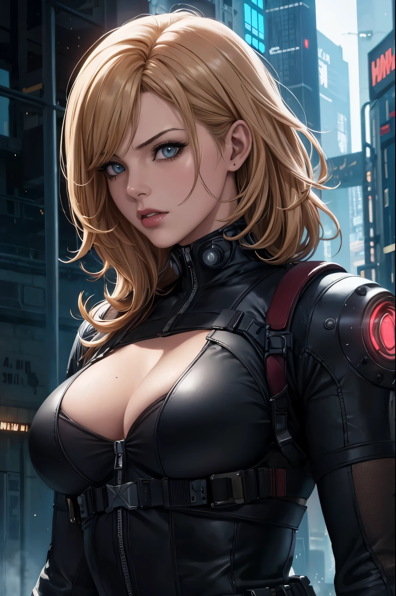 super fine illustration, ultra high resolution, masterpiece, highest quality, perfect shiny shinny skin, perfect lighting, detailed lighting, dramatic shadow, ray tracing, 1 beautiful white milf, looking at the viewer, small breasts, beautiful detailed hazel eyes, sharp face, clear eyes, red lips, long bangs, medium curly hair, blond hair, ((cyberpunk dark city)), Upper body, battle suit, military harness, Alice Abernathy - Resident Evil Series, Milla Jovovich,