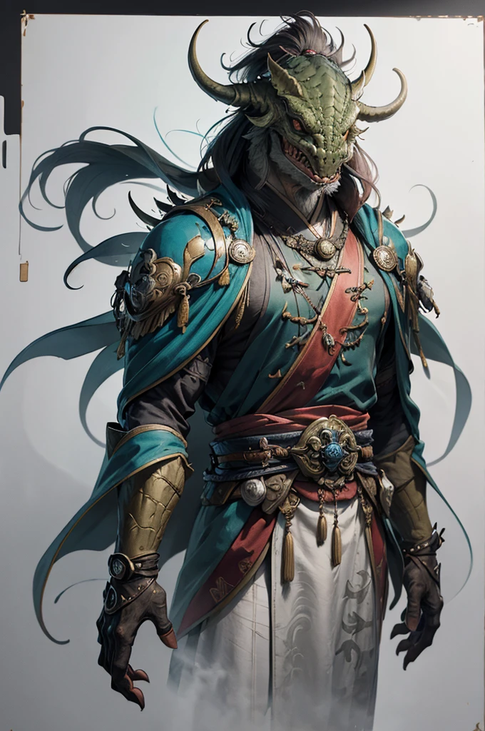 Realistic performance , Drawing depicting a giant crocodile and a girl wearing a military green cape，Has strong fantasy and mystery elements，A blend of modern military and Han Dynasty styles。The background of the drawing consists of abstract shapes and oriental designs，It adds to the mysterious atmosphere。There are red, blue and white markings on the top and bottom borders of the drawing，traditional asian art。The color scheme throughout the painting is dominated by pastel tones
