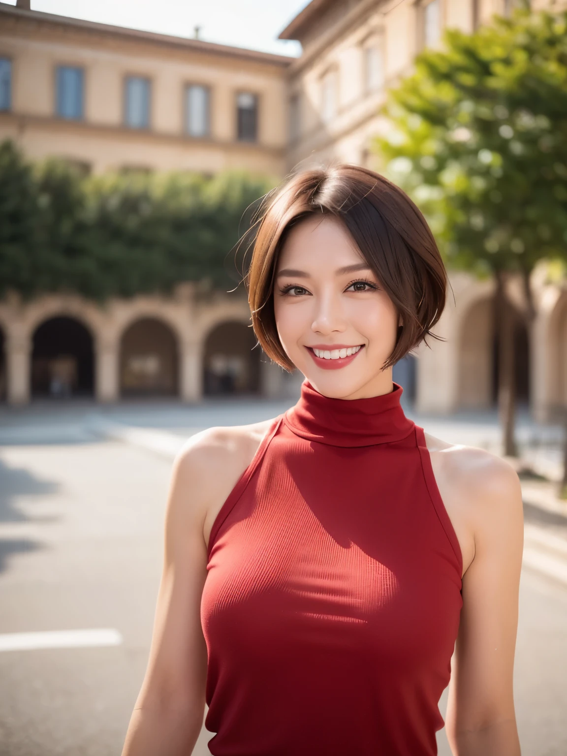 (38 years old), (black high neck sleeveless shirt:1.2),(white wool pants)、 double eyelid, eyelash, Red lip gloss, (smile:1), ((close your eyes:0.85)), (looking at the viewer、Are standing), (From above:0.2)、尖ったred mouth、(reddish brown wet shiny short hair),red mouth,clavicle、 (Photoreal:1.3),(RAW photo),(woman standing in front of an old castle, Beautiful lawn, squirt, Bright sunshine in the city of Modena, Italy) , 8k, Super detailed, highest quality, rough skin, anatomically correct, masterpiece , highest quality, cinematic lighting, Use perspective throughout , surrealism , ,(realistic:1. 3),(RAW photo) , black hair, light smile, short hair, bob cut, anaglyph, stereogram, (mature woman:1), (38 years old), ((close:0.5)), glare, double eyelids, lip gloss, (smile:1), ((close your eyes:0.85)), red mouth, clavicle, ((looking at the viewer)), (short hair of reddish-brown color wet and shiny,), (I can see the whole body) , Slightly thick body type , wide eyed , perfectly round eyes , fine texture